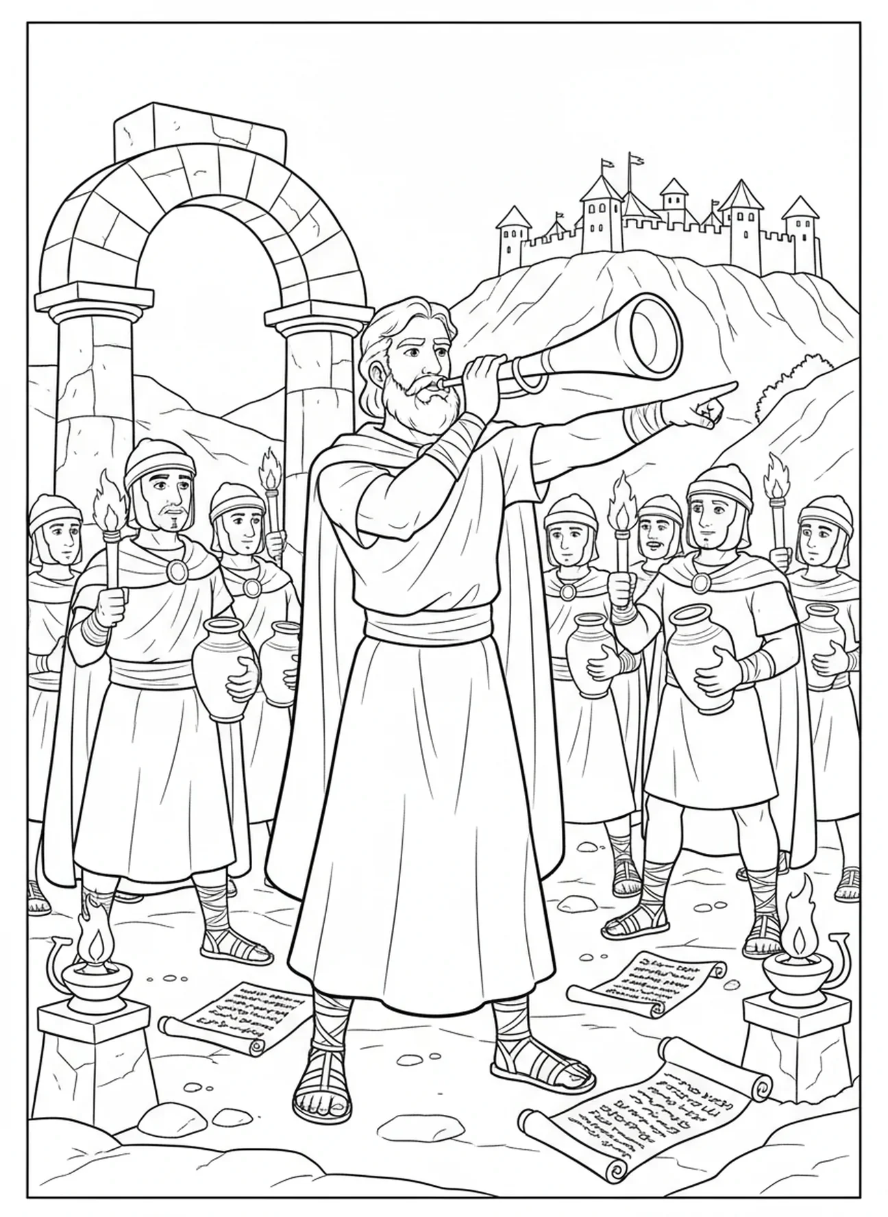 Gédéon soufflant dans la trompette, page à colorier de Gédéon pour les enfants de l'École du dimanche âgés de 5 à 12 ans