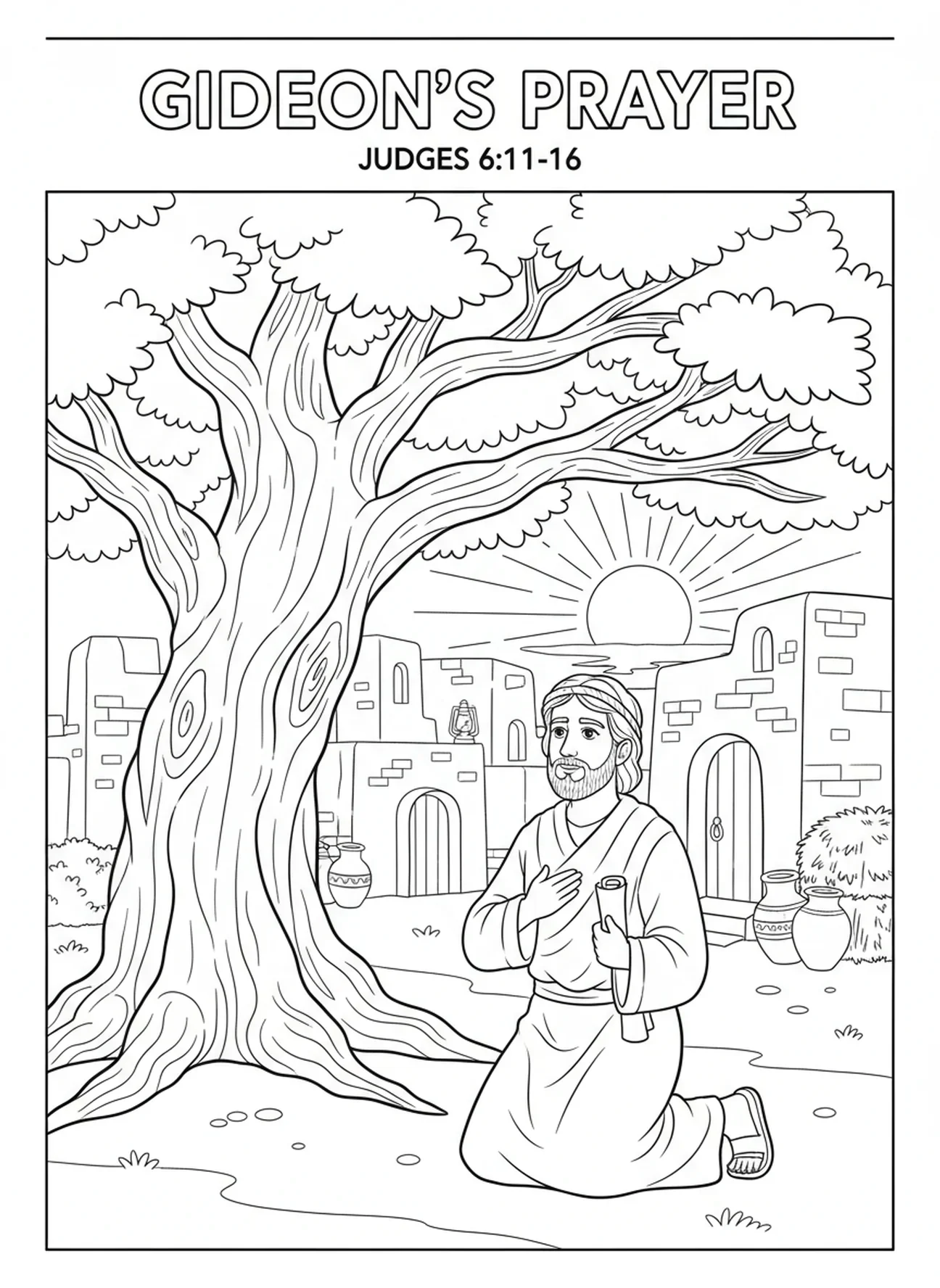 Gédéon priant sous un arbre, page à colorier de Gédéon pour les enfants de l'École du dimanche âgés de 5 à 12 ans