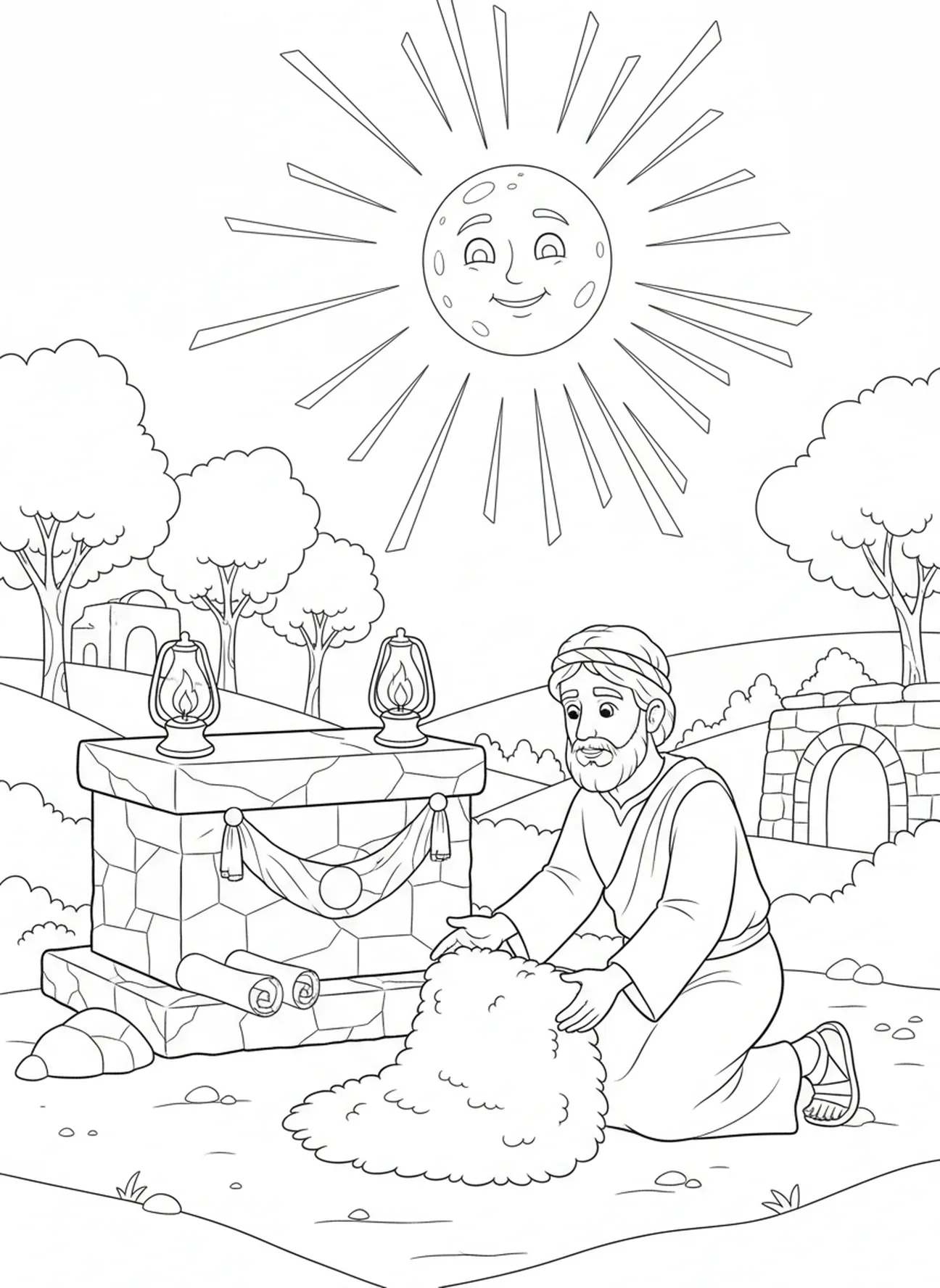 Gédéon plaçant la toison sur le sol, page à colorier de Gédéon pour les enfants de catéchisme âgés de 5 à 12 ans
