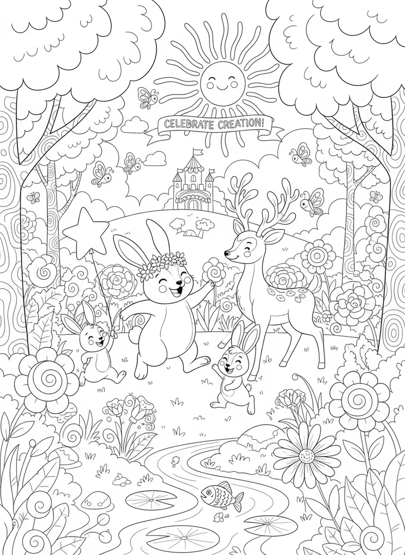 Animales jugando en el jardín, página para colorear de Dios descansando en el séptimo día para niños de 5 a 10 años.