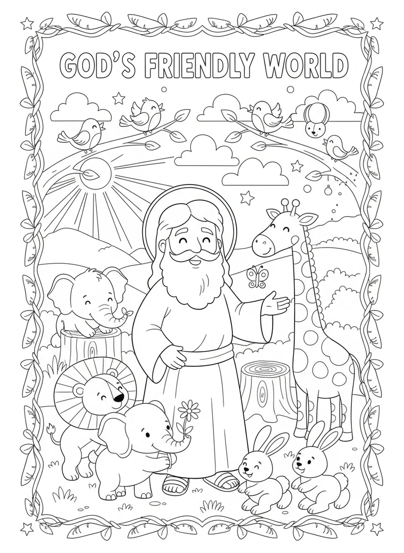 Dios creando animales, Dios descansando en el séptimo día, página para colorear para niños de 5 a 10 años.