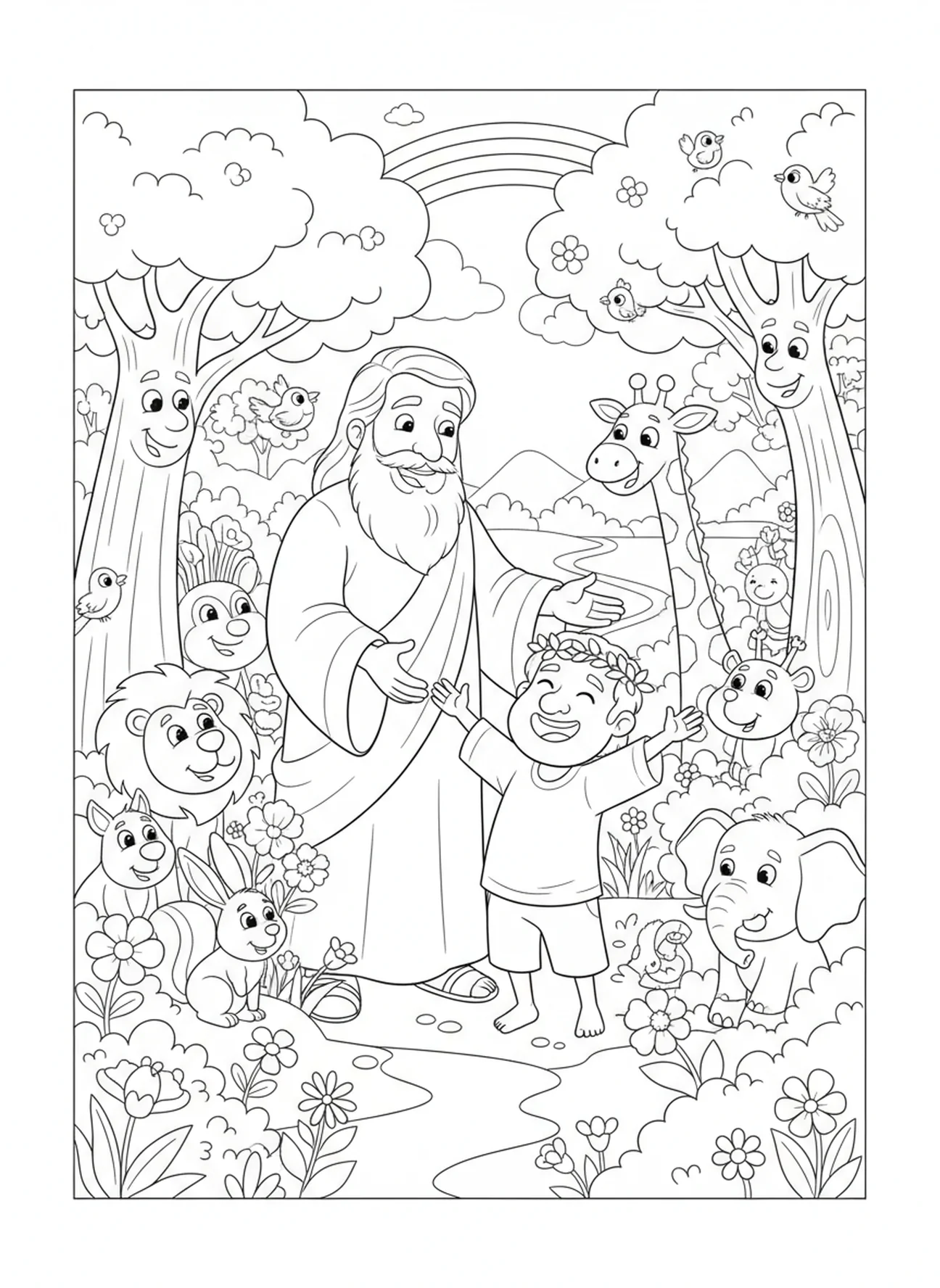 Dios creando al hombre, página para colorear de Dios descansando en el séptimo día para niños de 5 a 10 años.