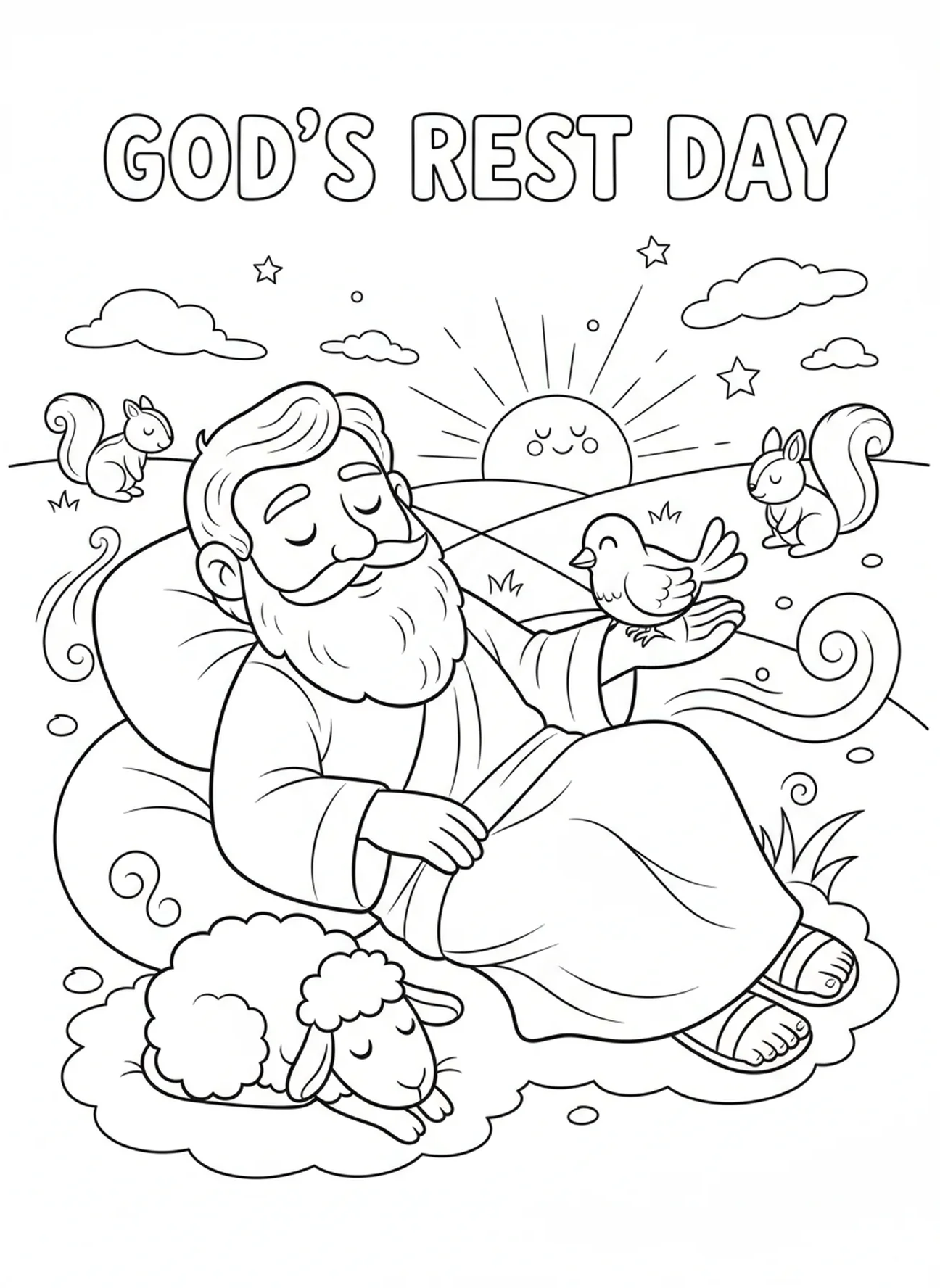 Dios descansando en el séptimo día, página para colorear Dios Descansando Séptimo Día para niños de 5 a 10 años.