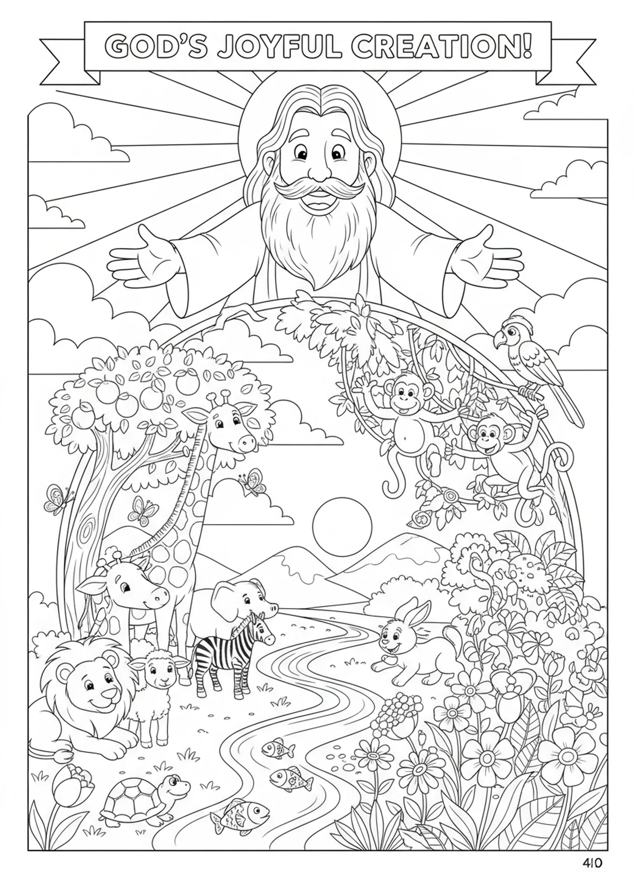 Dios observando la creación, página para colorear de Dios descansando en el séptimo día para niños de 5 a 10 años.