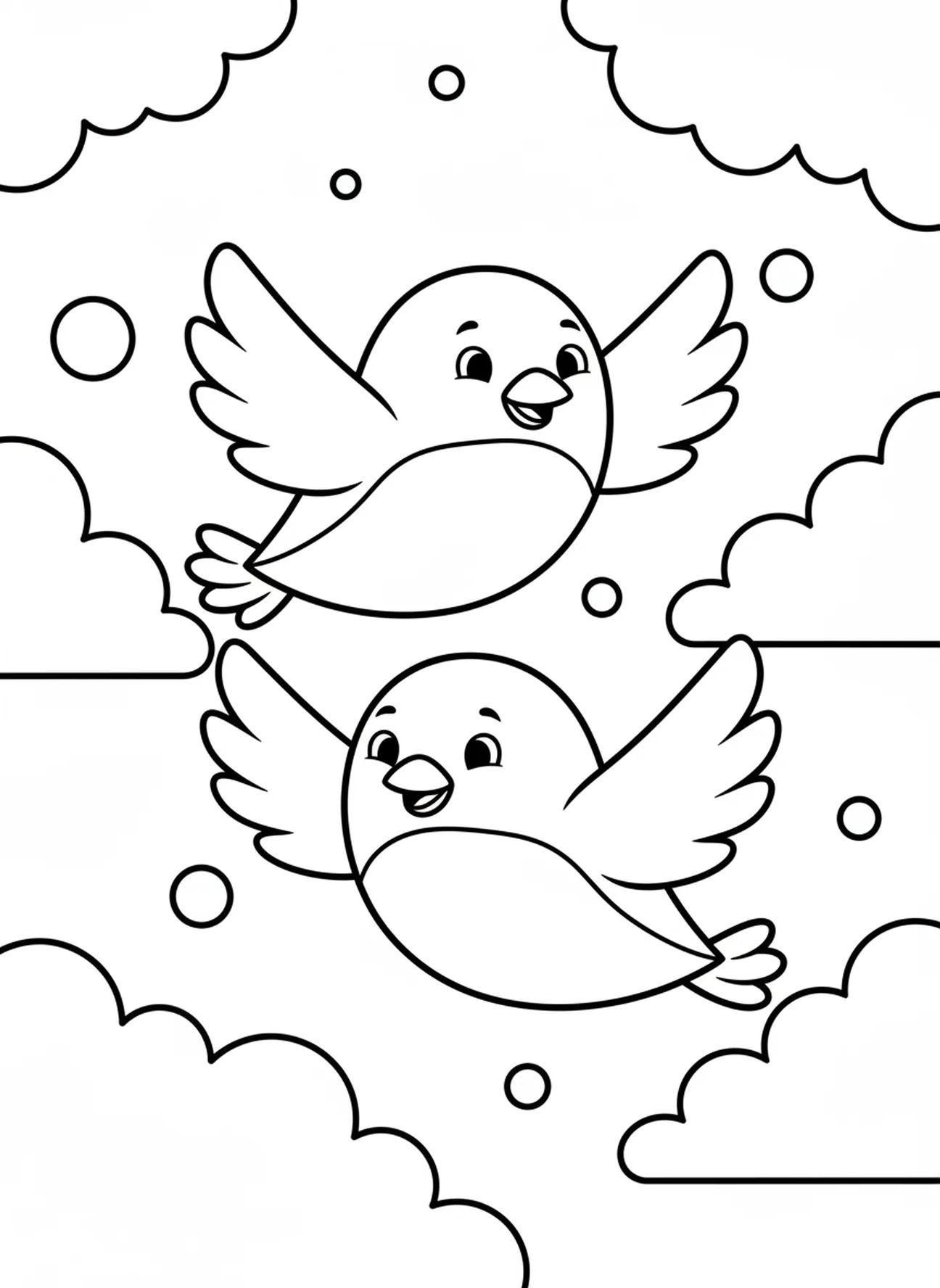 Zwei Cartoon-Vögel fliegen, Gott ruht am siebten Tag Ausmalbild für Vorschulkinder im Alter von 3-5 Jahren