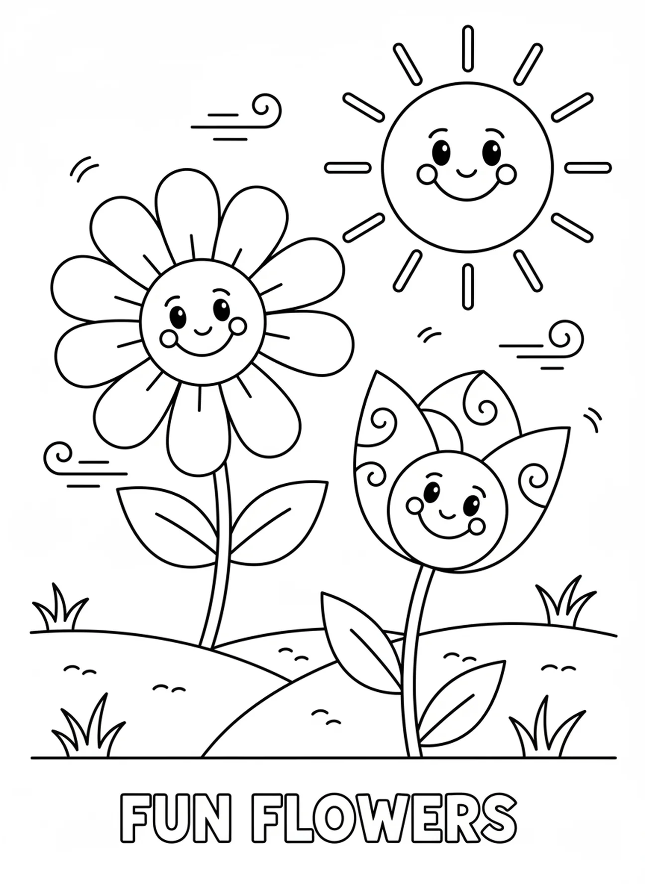 Zwei große lächelnde Blumen, Gott ruht am siebten Tag Malvorlage für Vorschulkinder im Alter von 3-5 Jahren