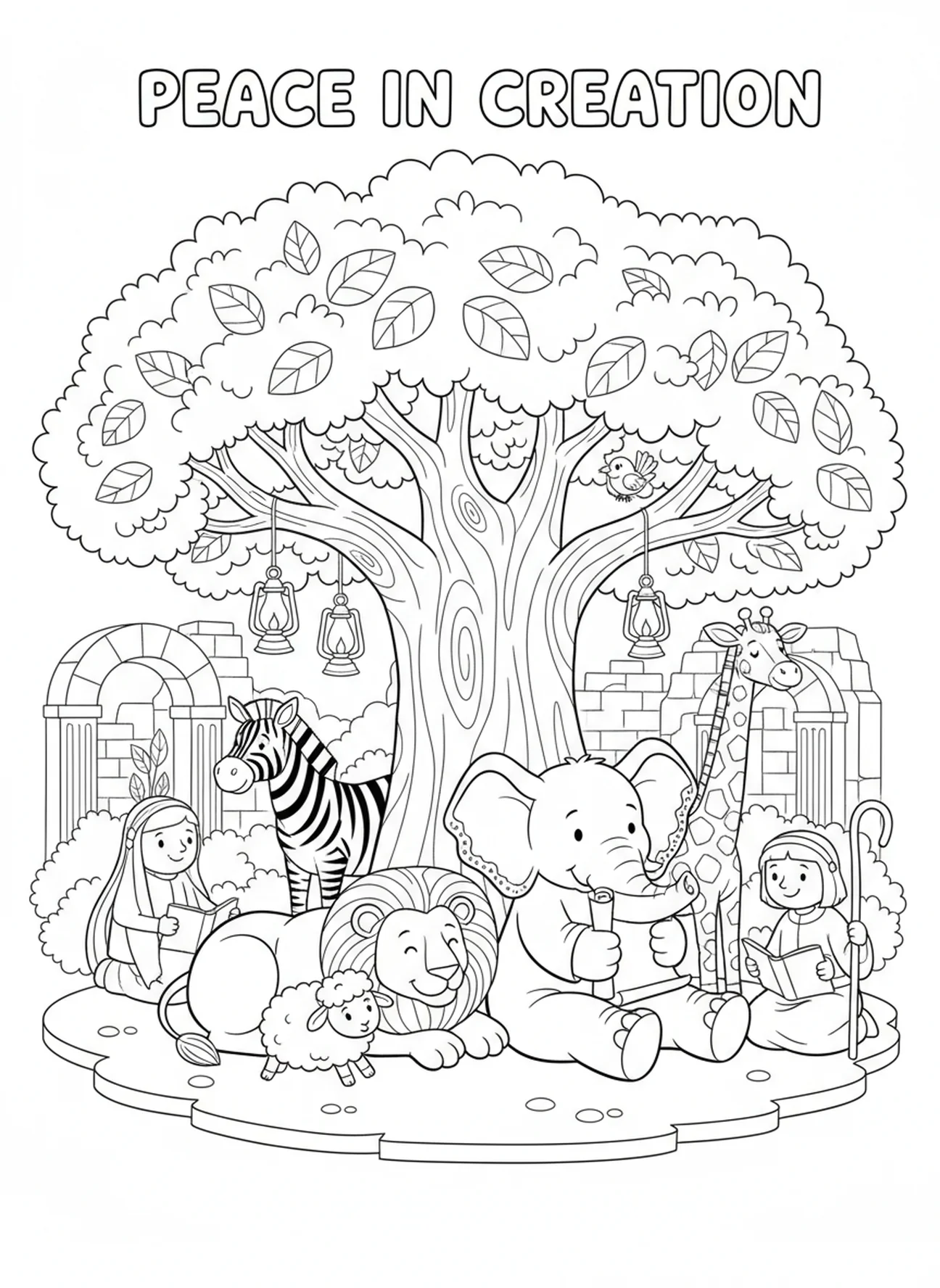 Cartoon-Tiere entspannen, Gott ruht am siebten Tag Malvorlage für Sonntagsschulkinder im Alter von 5-12 Jahren.