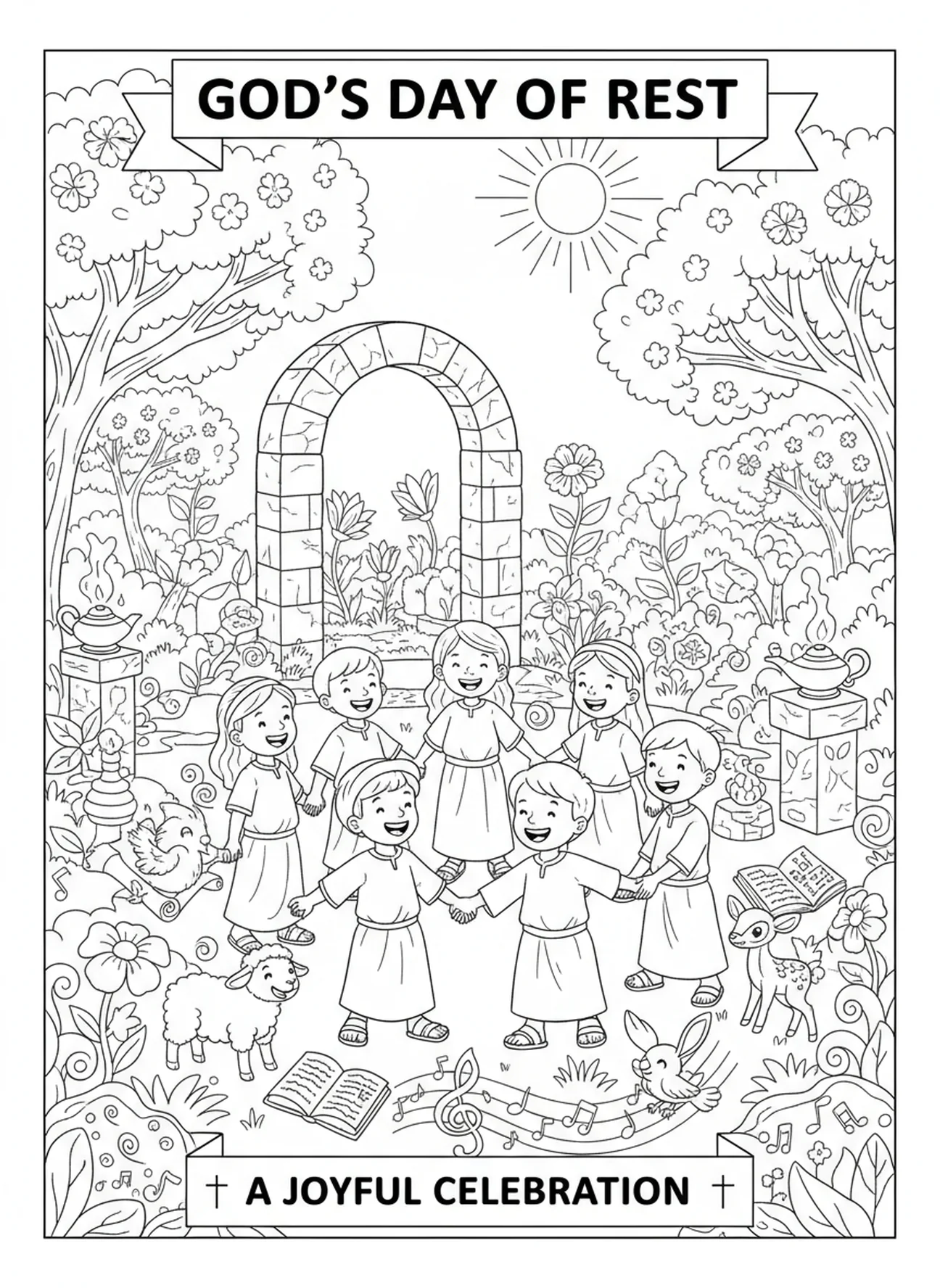 Kinder und Tiere feiern, Ausmalbild zum Ruhetag Gottes für Sonntagsschule Kinder im Alter von 5-12 Jahren.