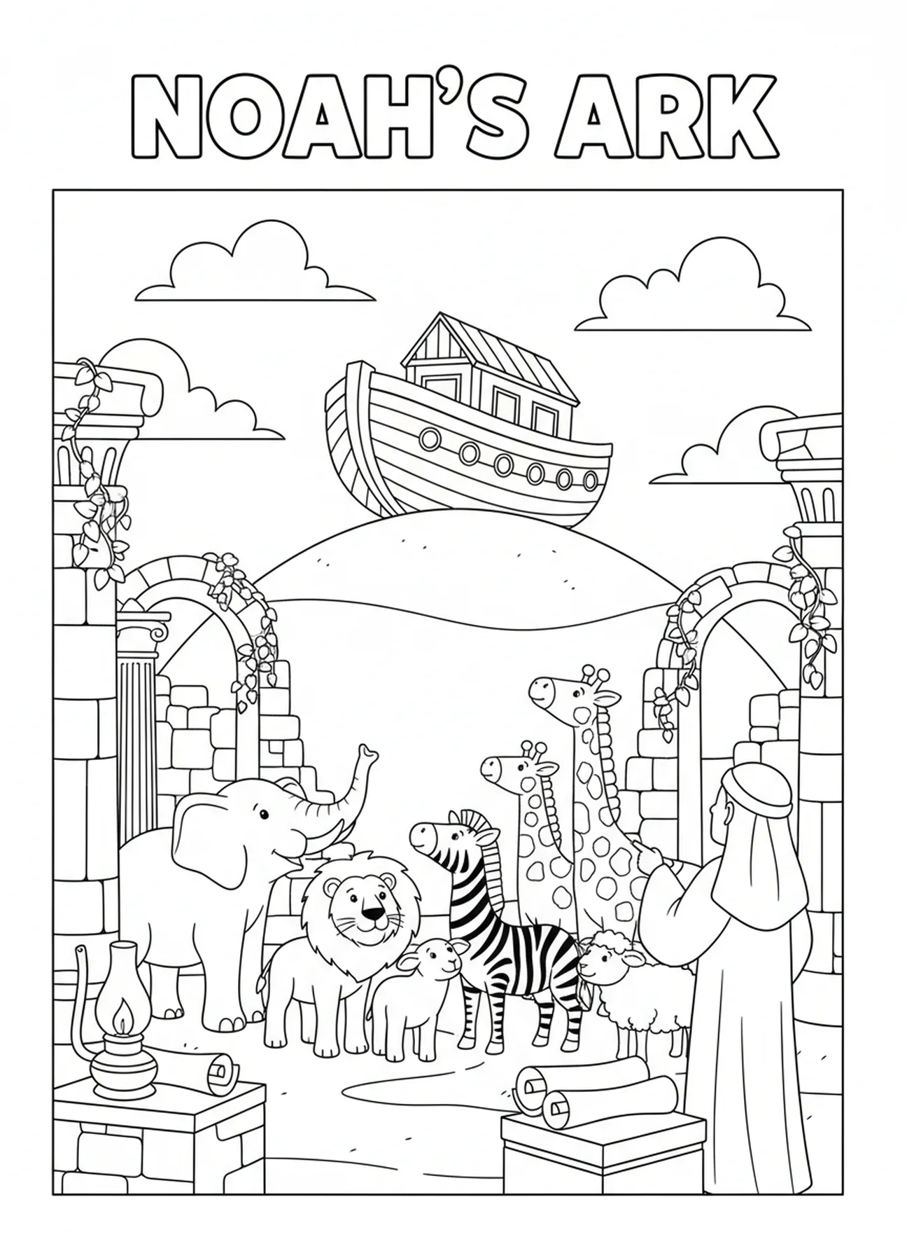 Silhouette der Arche Noah, Gott ruht am siebten Tag Ausmalbild für Sonntagsschulkinder im Alter von 5-12 Jahren.