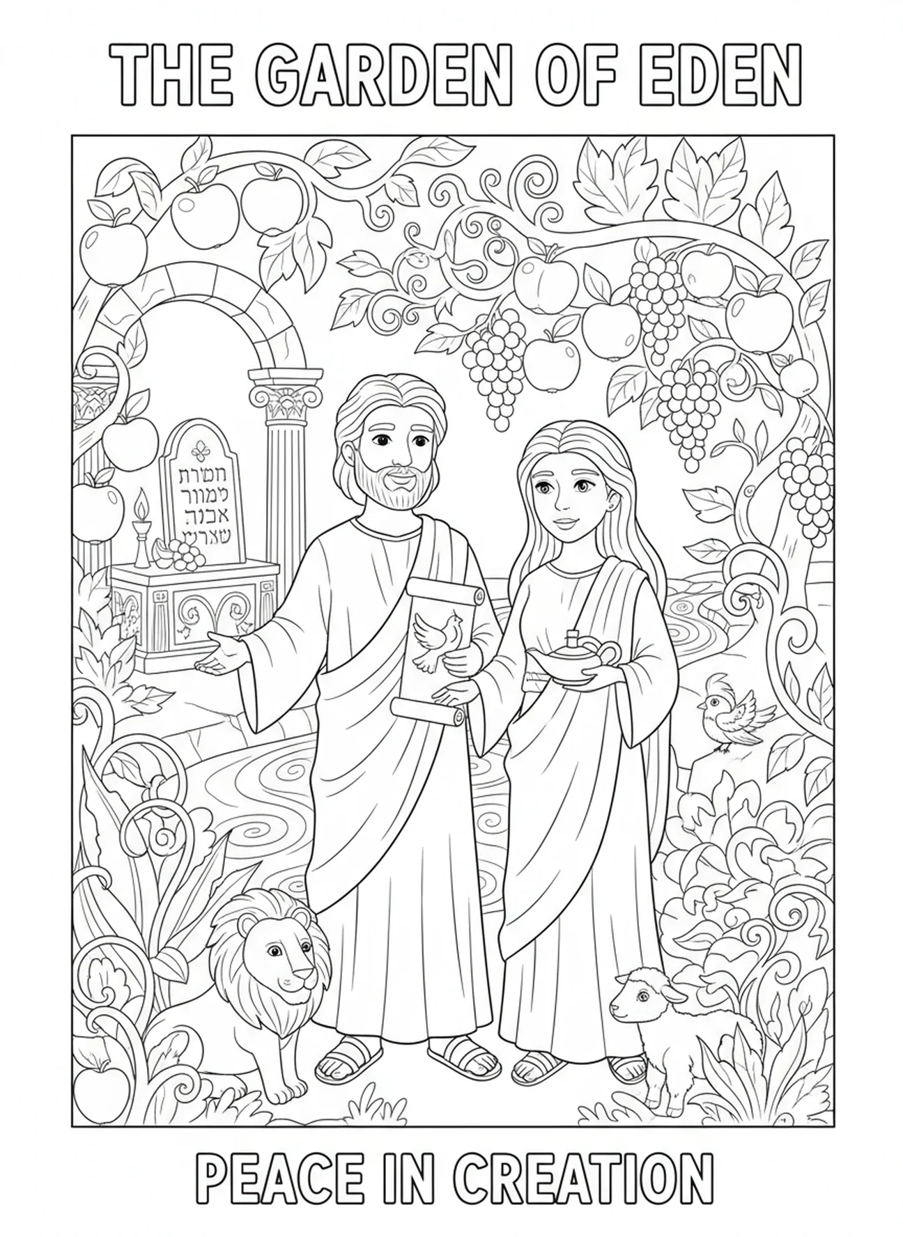 Adam und Eva im Garten, Gott ruht am siebten Tag Ausmalbild für die Sonntagsschule für Kinder im Alter von 5-12 Jahren.