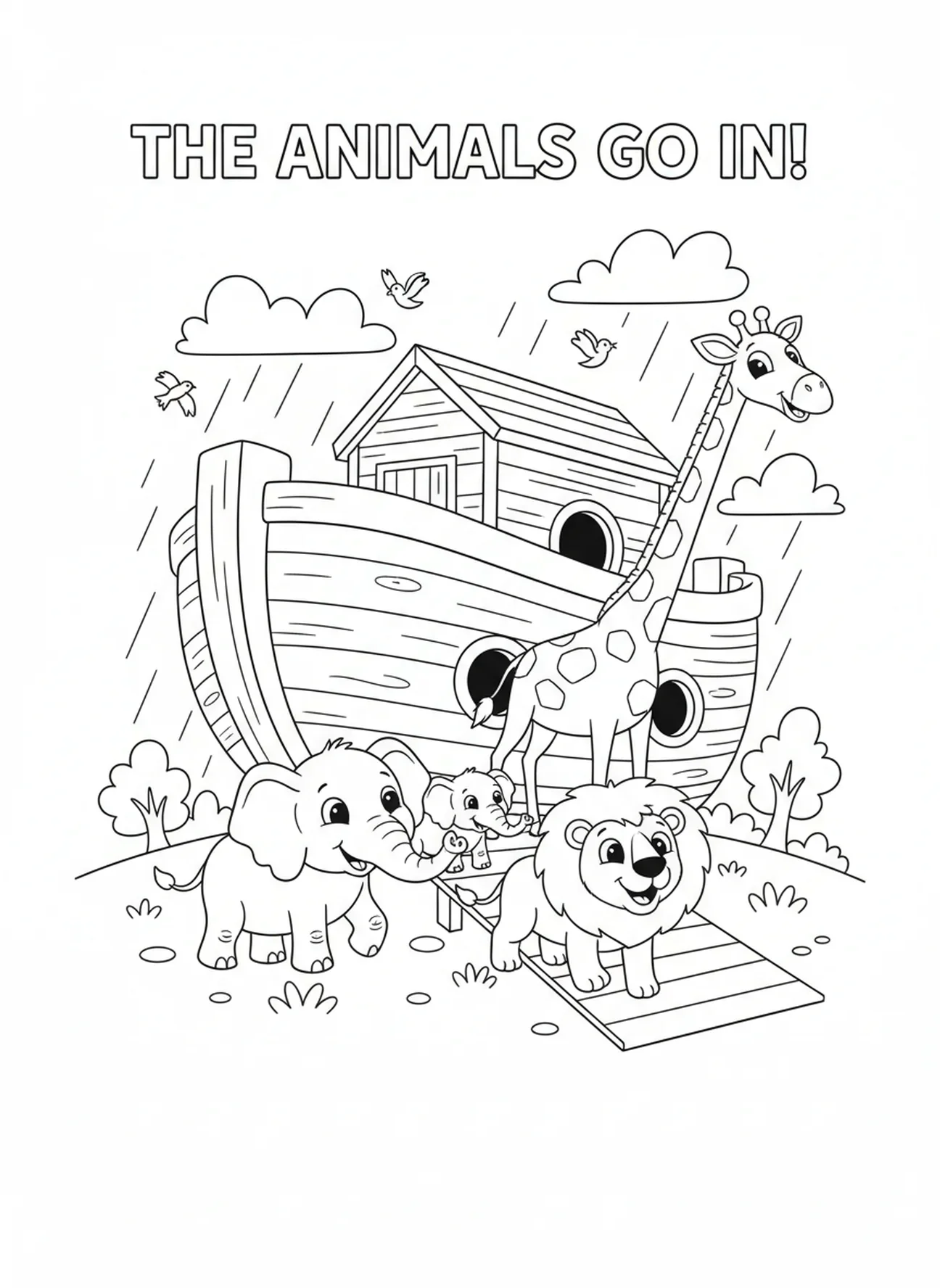 Deux éléphants montent à bord de l'arche, page à colorier sur le Grand Déluge pour les enfants de 5 à 10 ans