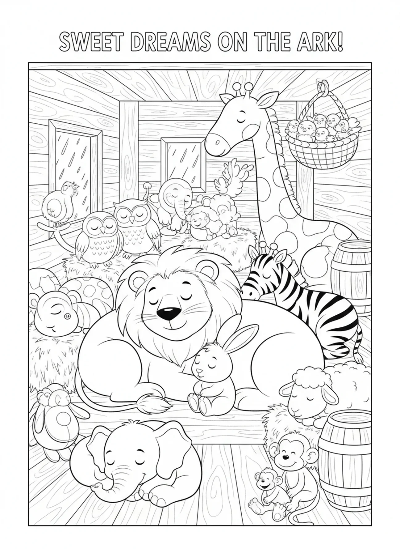 Animaux se reposant à l'intérieur de l'arche, page à colorier sur le Grand Déluge pour les enfants de 5 à 10 ans
