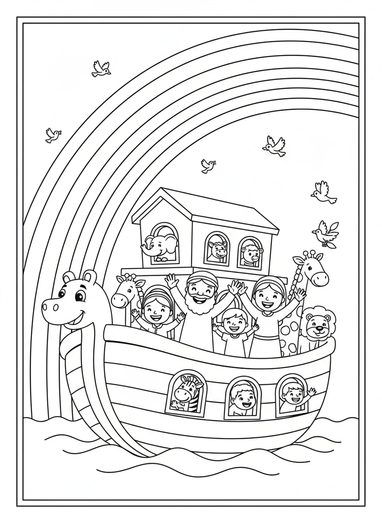 Arc-en-ciel au-dessus de l'arche, page à colorier du Grand Déluge pour les enfants de 5 à 10 ans