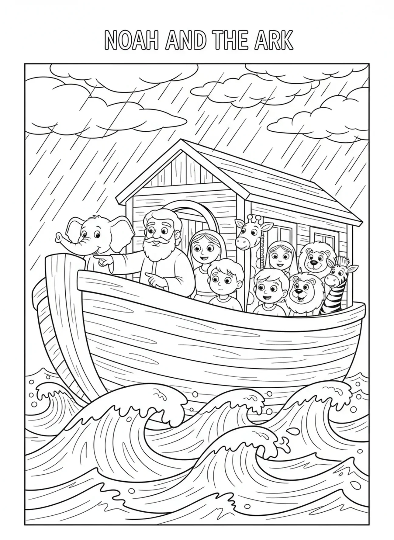 Noé à l'intérieur de l'arche pendant une tempête, page à colorier du Grand Déluge pour les enfants de 5 à 10 ans