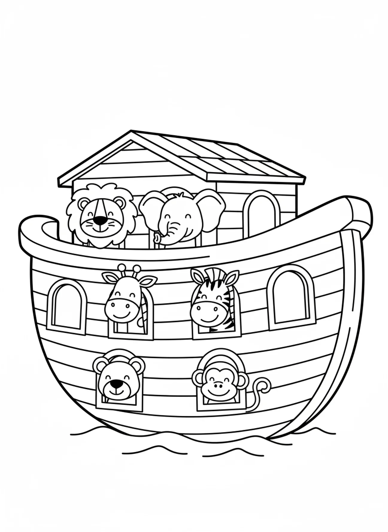 Cartoon-Tiere, die neugierig schauen, Ausmalbild zur Sintflut für Vorschulkinder im Alter von 3-5 Jahren