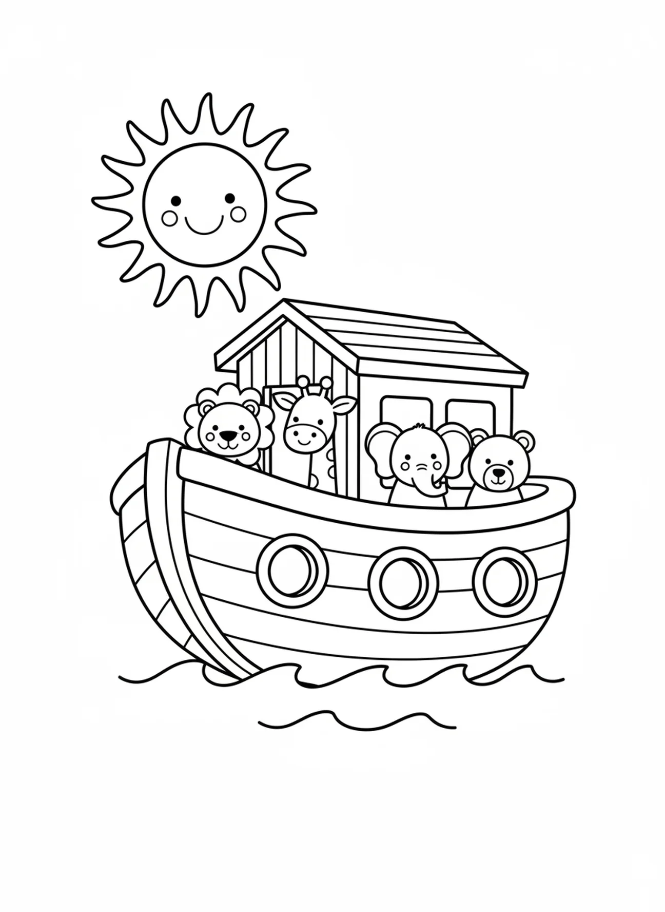 Große Arche auf Wellen, Ausmalbild zur Sintflut für Vorschulkinder im Alter von 3-5 Jahren