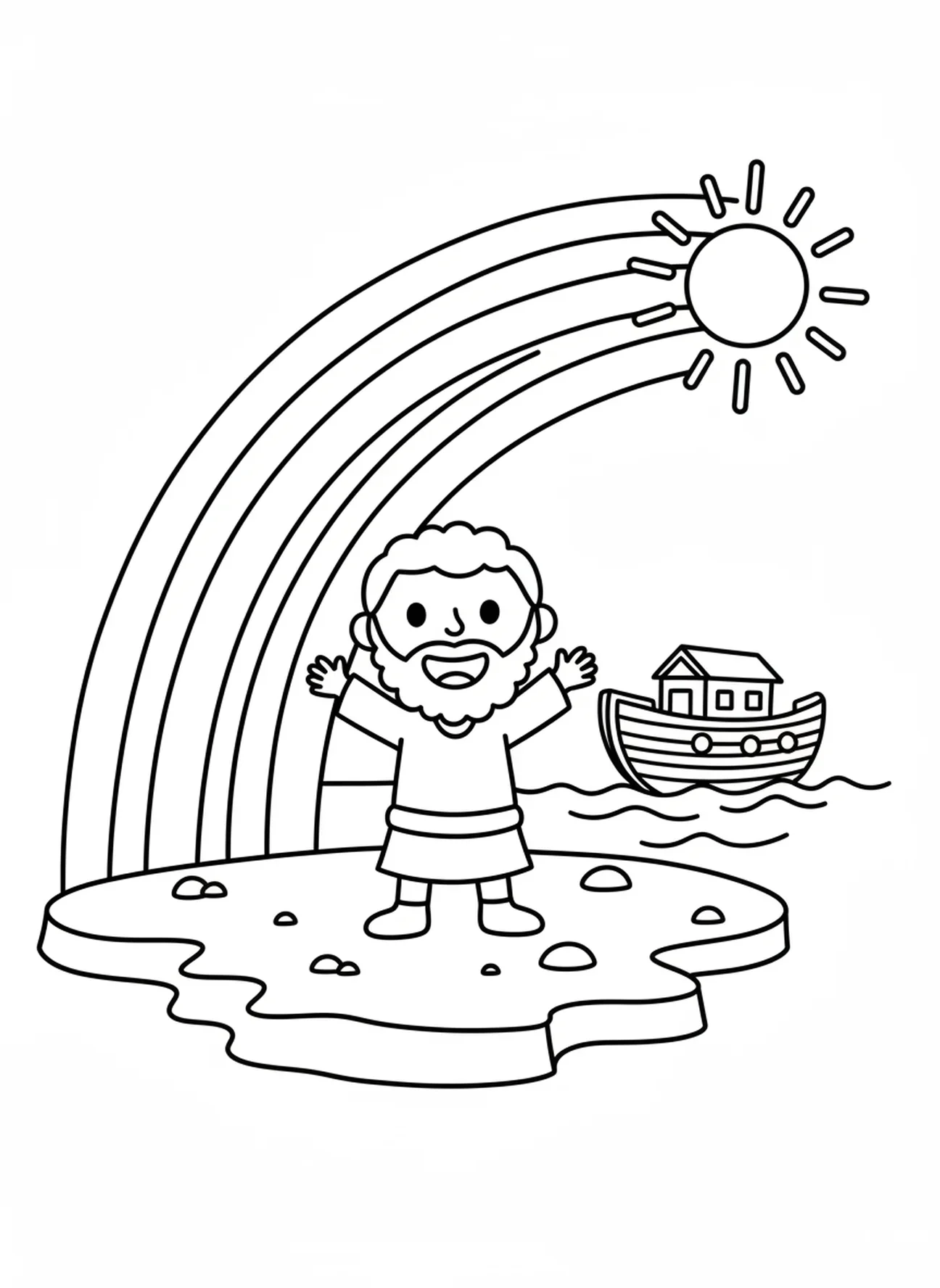 Regenbogenbogen über Noah, Ausmalbild zur Sintflut für Vorschulkinder im Alter von 3-5 Jahren