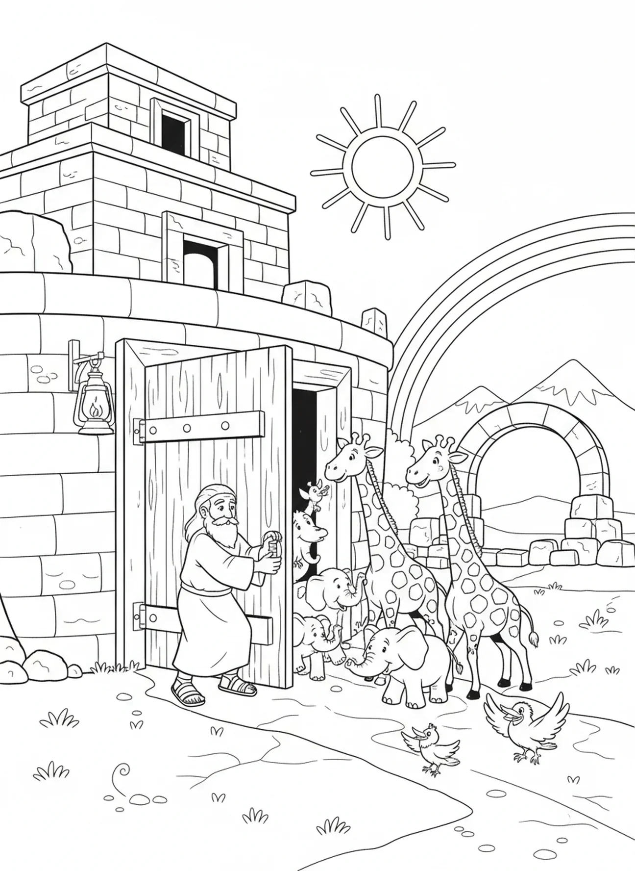 Animaux sortant de l'arche, page à colorier sur le Grand Déluge pour les enfants de l'École du dimanche âgés de 5 à 12 ans