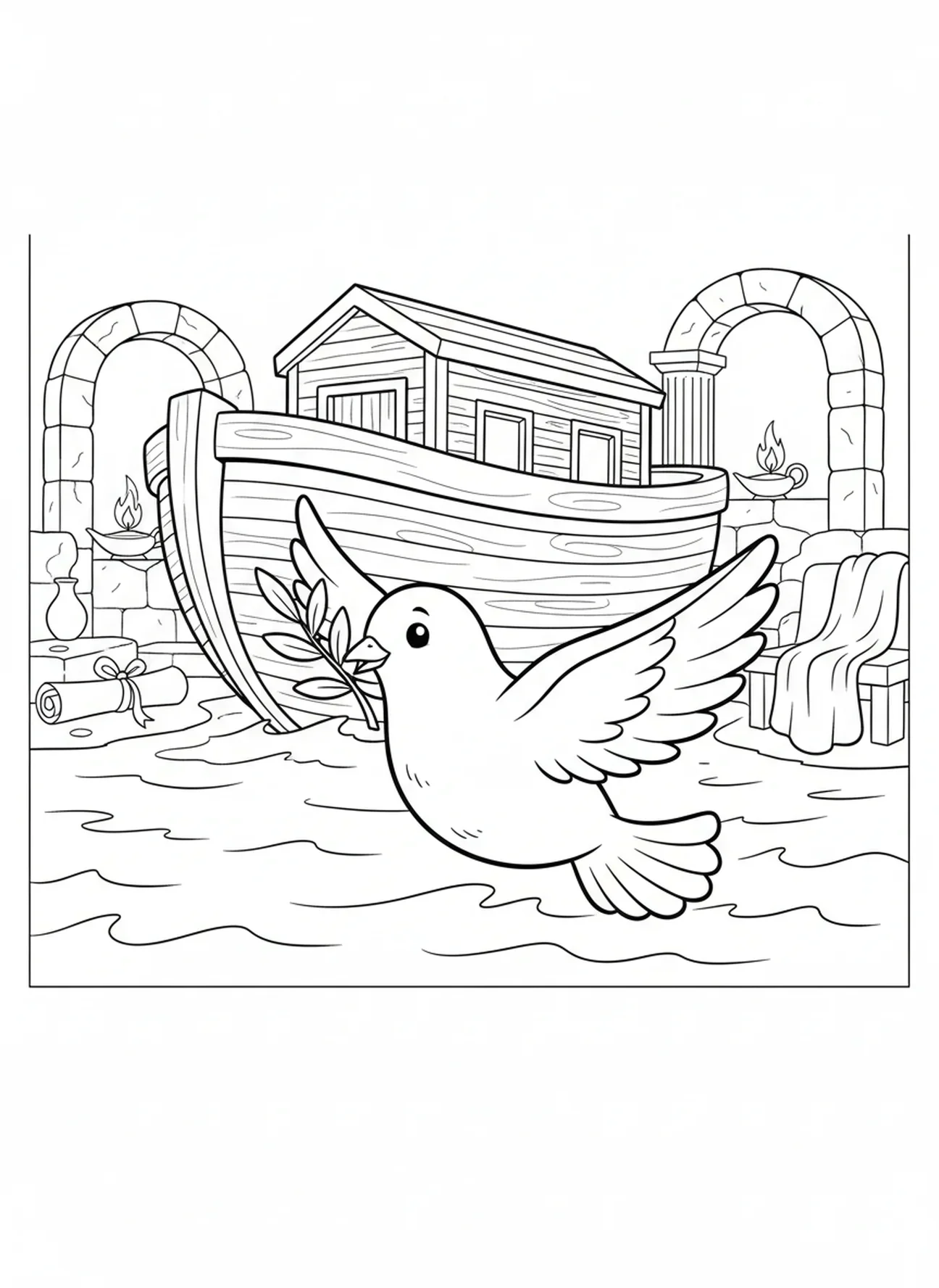 Colombe avec une branche d'olivier, page à colorier sur le Grand Déluge pour les enfants de l'École du dimanche âgés de 5 à 12 ans