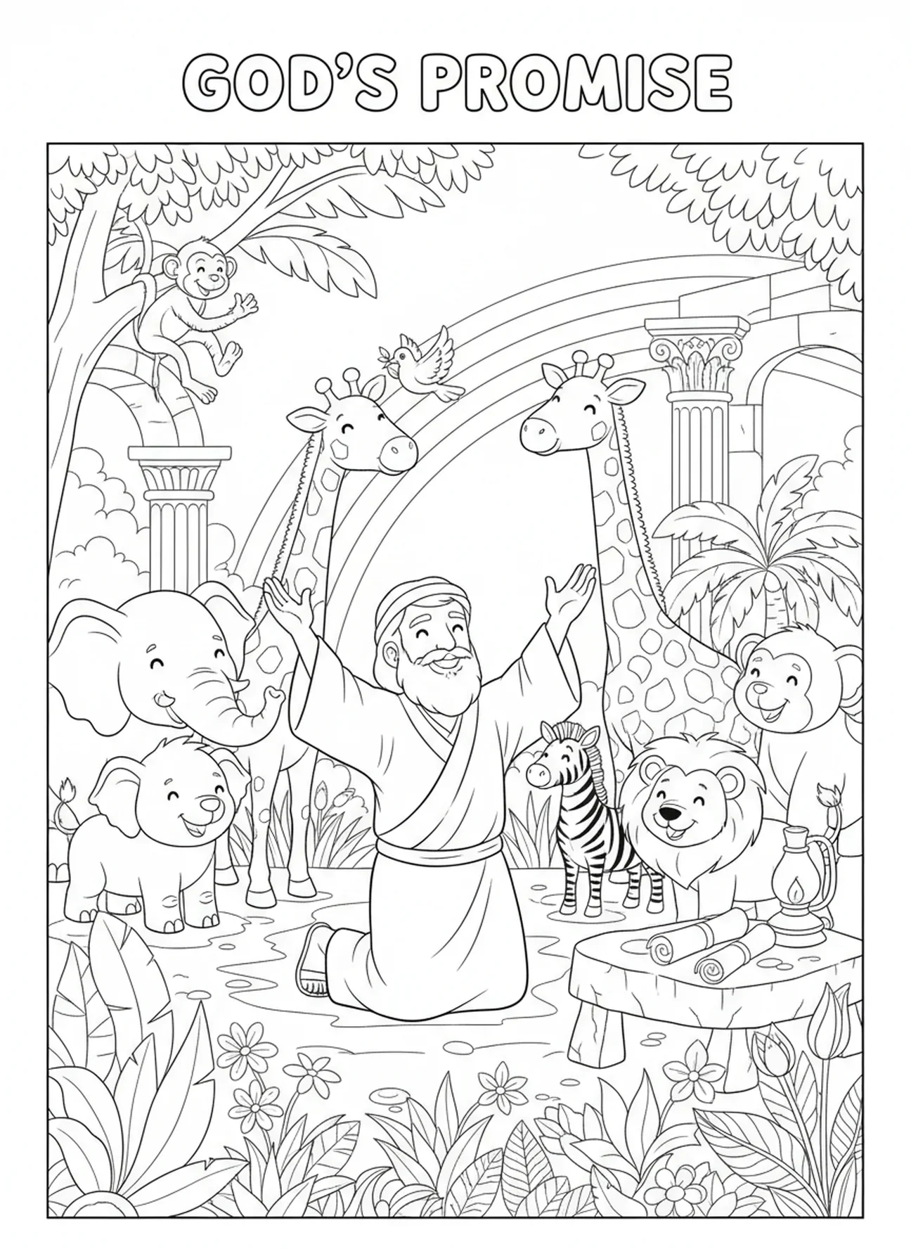 Noé remerciant, page à colorier sur le Grand Déluge pour les enfants de l'École du dimanche âgés de 5 à 12 ans