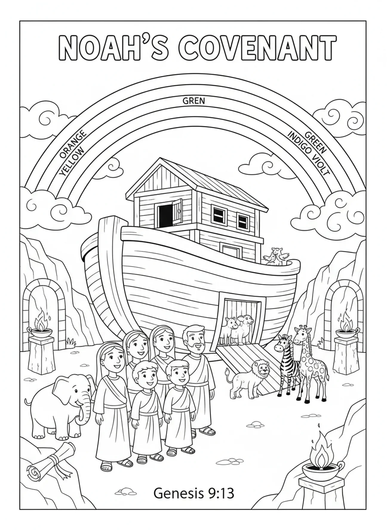 Arc-en-ciel au-dessus de l'arche, page à colorier du Grand Déluge pour les enfants de l'École du dimanche âgés de 5 à 12 ans
