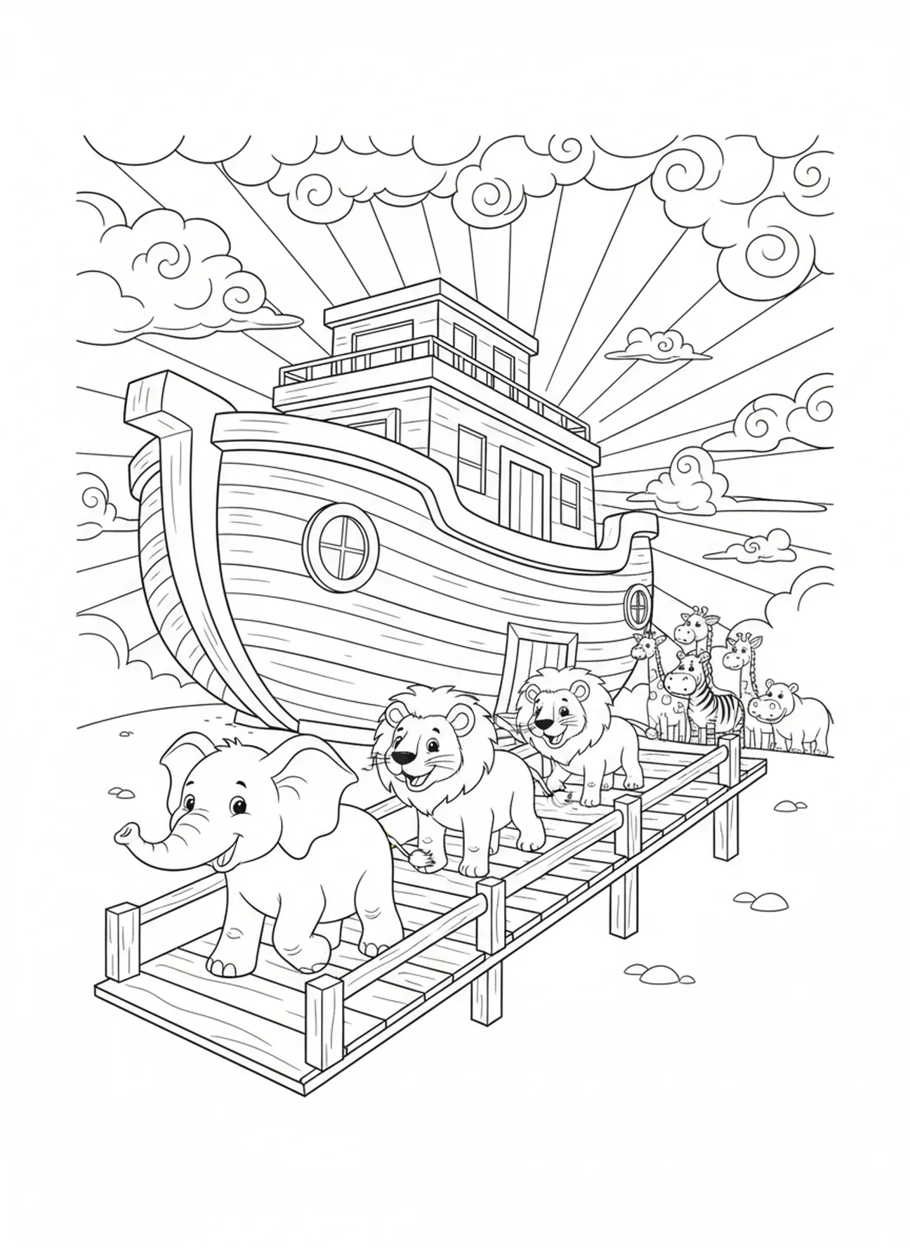Paire d'éléphants entrant dans l'arche, page à colorier Le Grand Je Suis pour les enfants de 5 à 10 ans