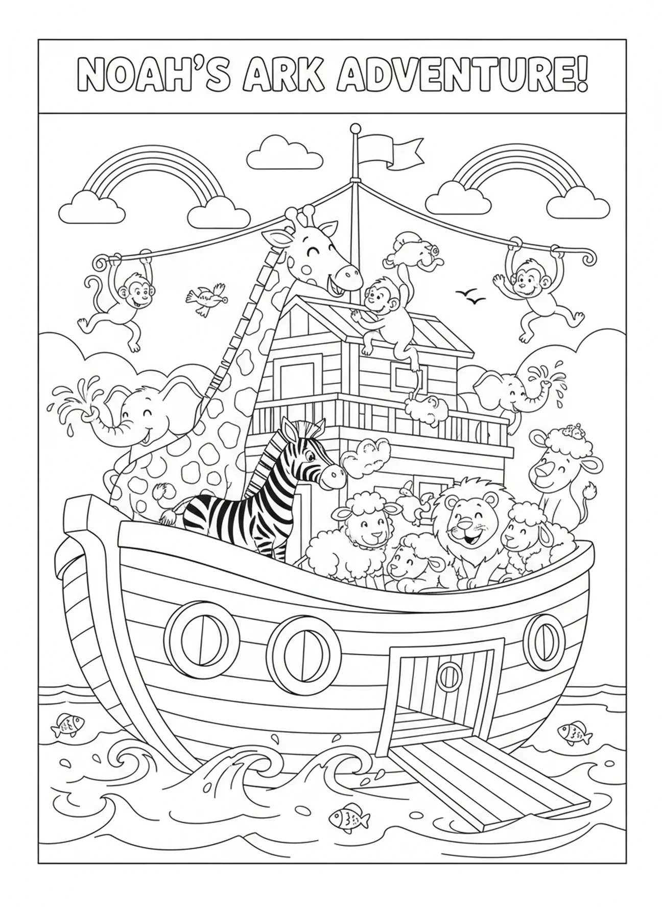Girafe et zèbre jouant sur l'arche, page à colorier du Grand Je Suis pour les enfants de 5 à 10 ans