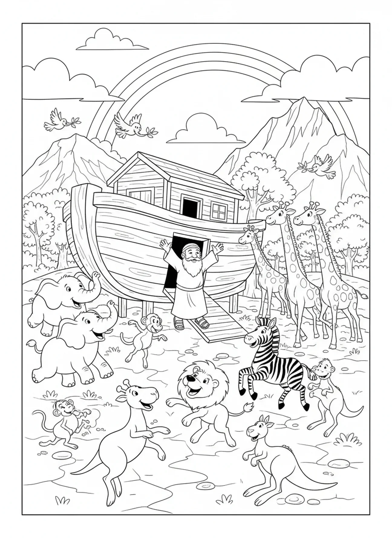 Noé célébrant avec les animaux sur la terre, page à colorier Le Grand Je Suis pour les enfants de 5 à 10 ans