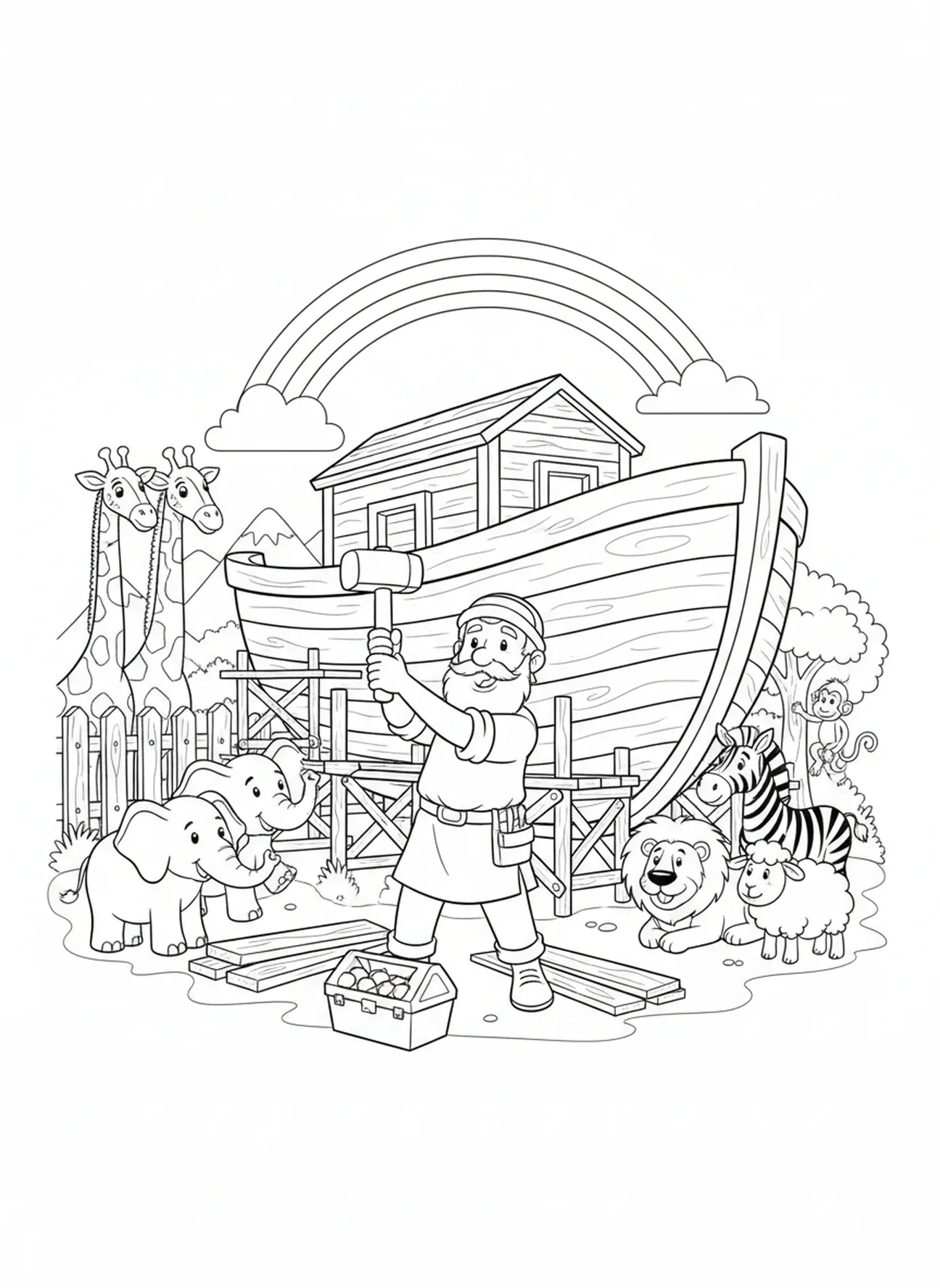 Noé en train de frapper, page à colorier Le Grand Je Suis pour les enfants de 5 à 10 ans