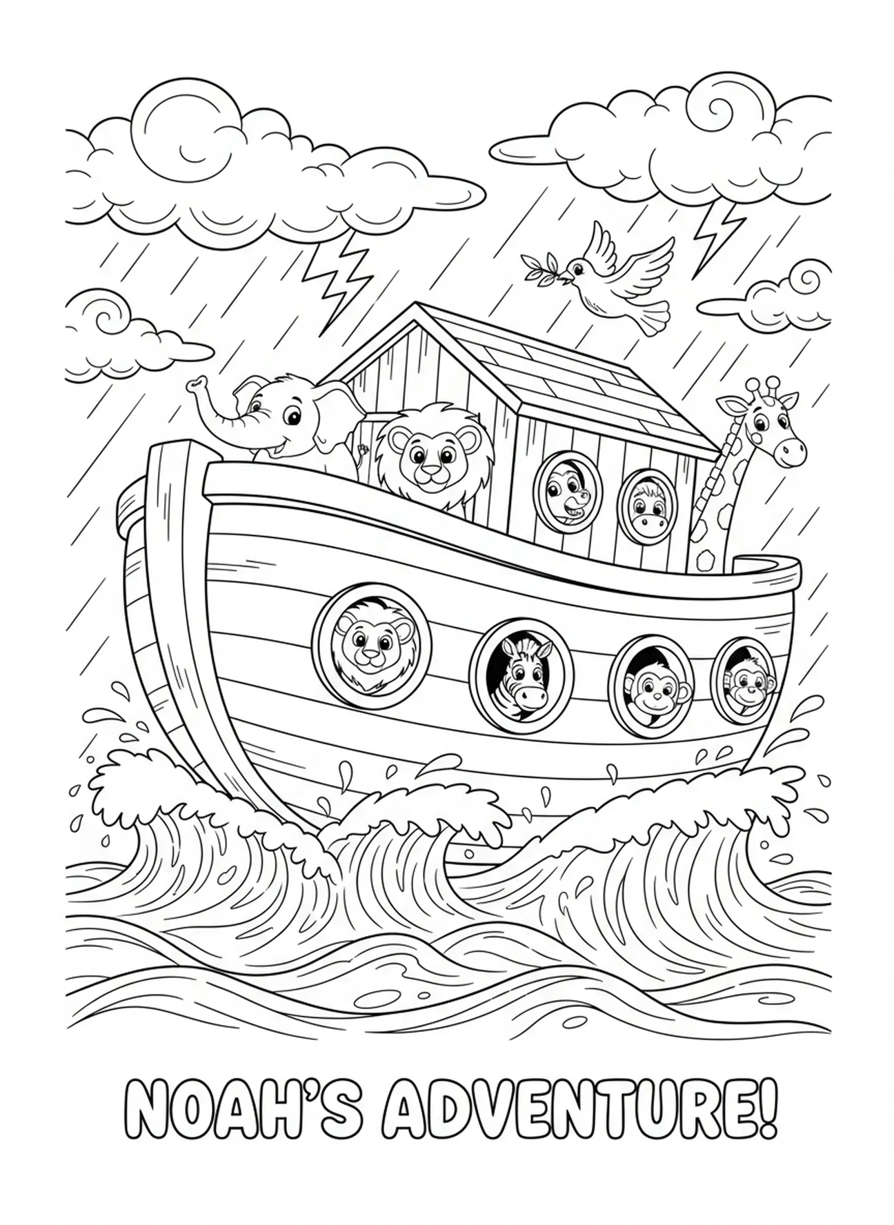 L'arche sur des mers orageuses avec des animaux, page à colorier du Grand Je Suis pour les enfants de 5 à 10 ans