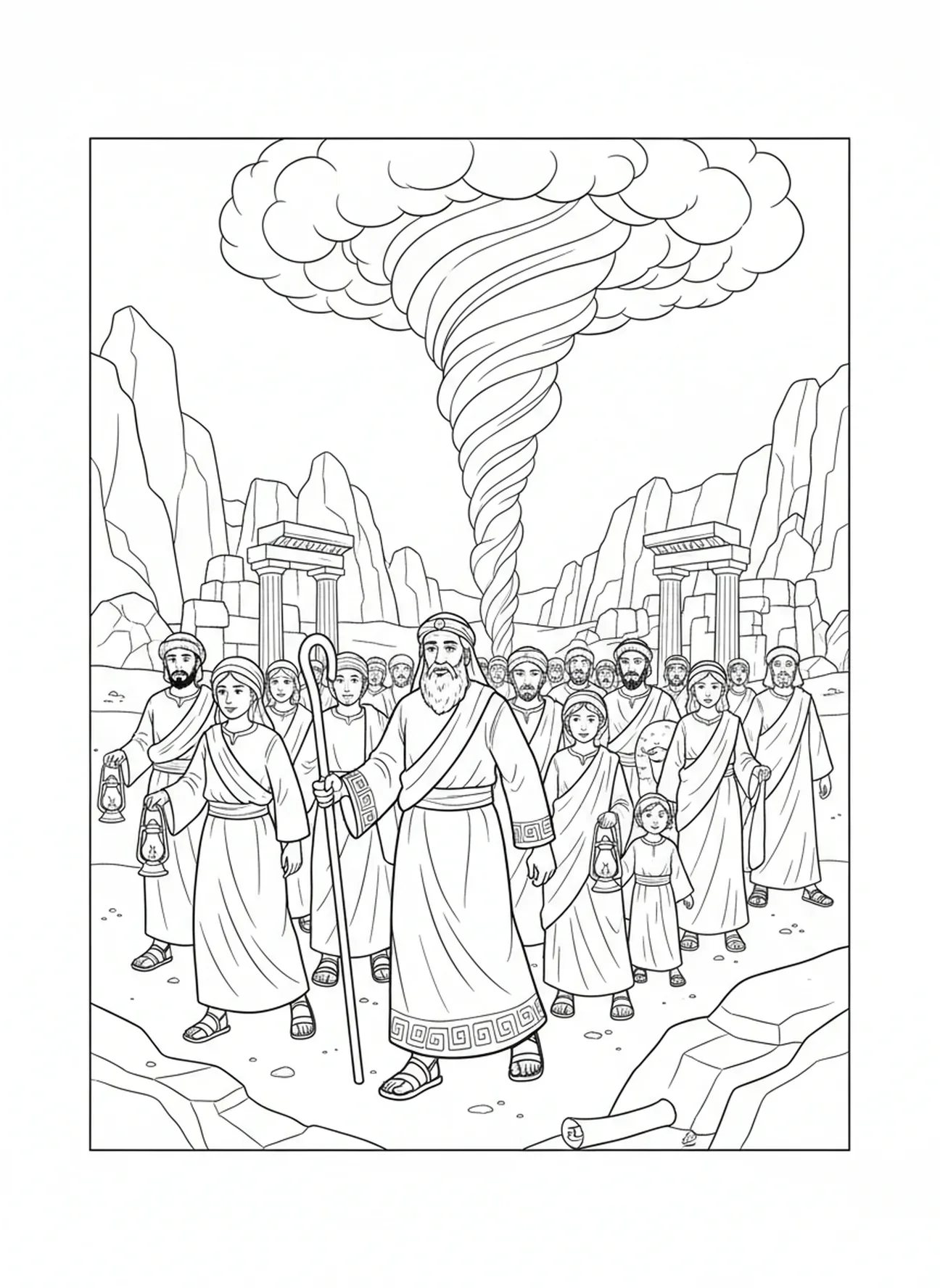 Moïse guidant les gens avec un nuage, page à colorier du Grand Je Suis pour les enfants du catéchisme âgés de 5 à 12 ans.