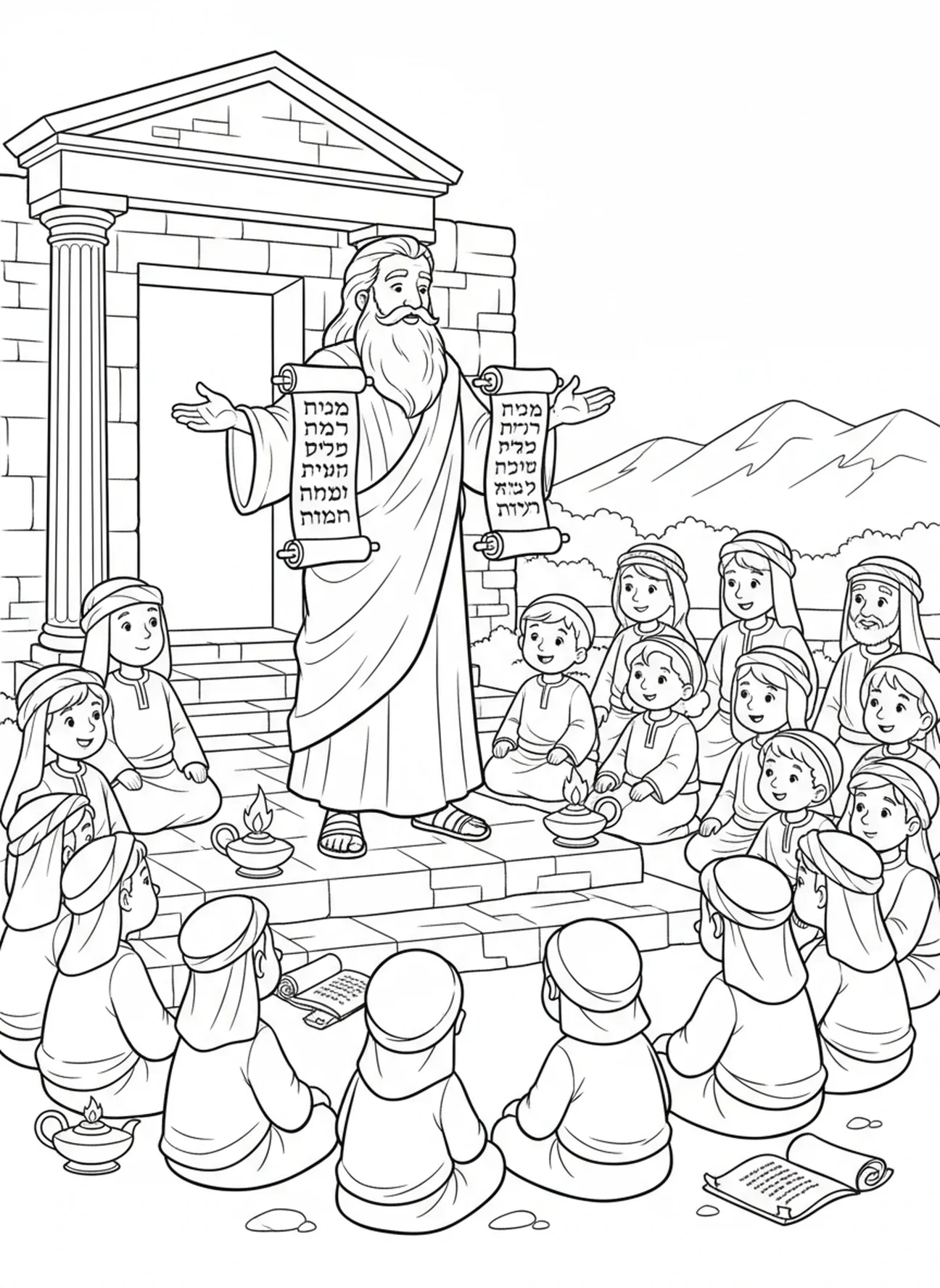 Moïse partageant le message de Dieu, page à colorier du Grand Je Suis pour les enfants de l'École du dimanche âgés de 5 à 12 ans.