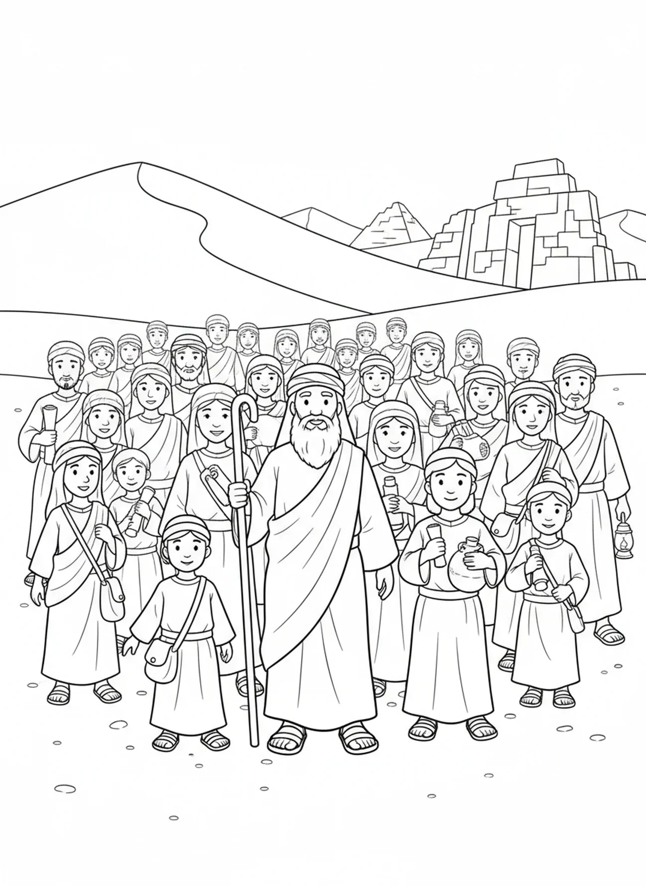 Foule de personnes suivant Moïse, page à colorier du Grand Je Suis pour les enfants de l'École du dimanche âgés de 5 à 12 ans.