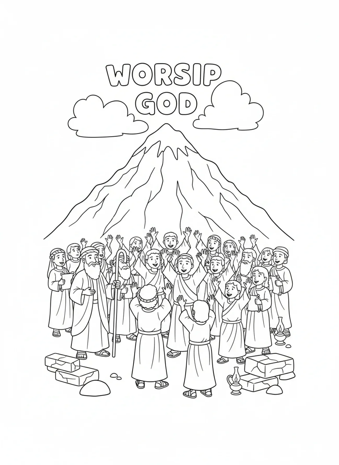 Des gens adorent Dieu près d'une montagne, page à colorier du Grand Je Suis pour les enfants de l'École du dimanche âgés de 5 à 12 ans.