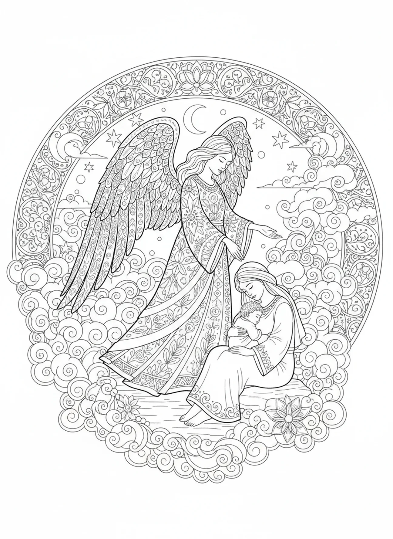 Engel des Herrn, Hagar und Ismael Ausmalbild für Erwachsene im Bibel-Journaling-Stil.