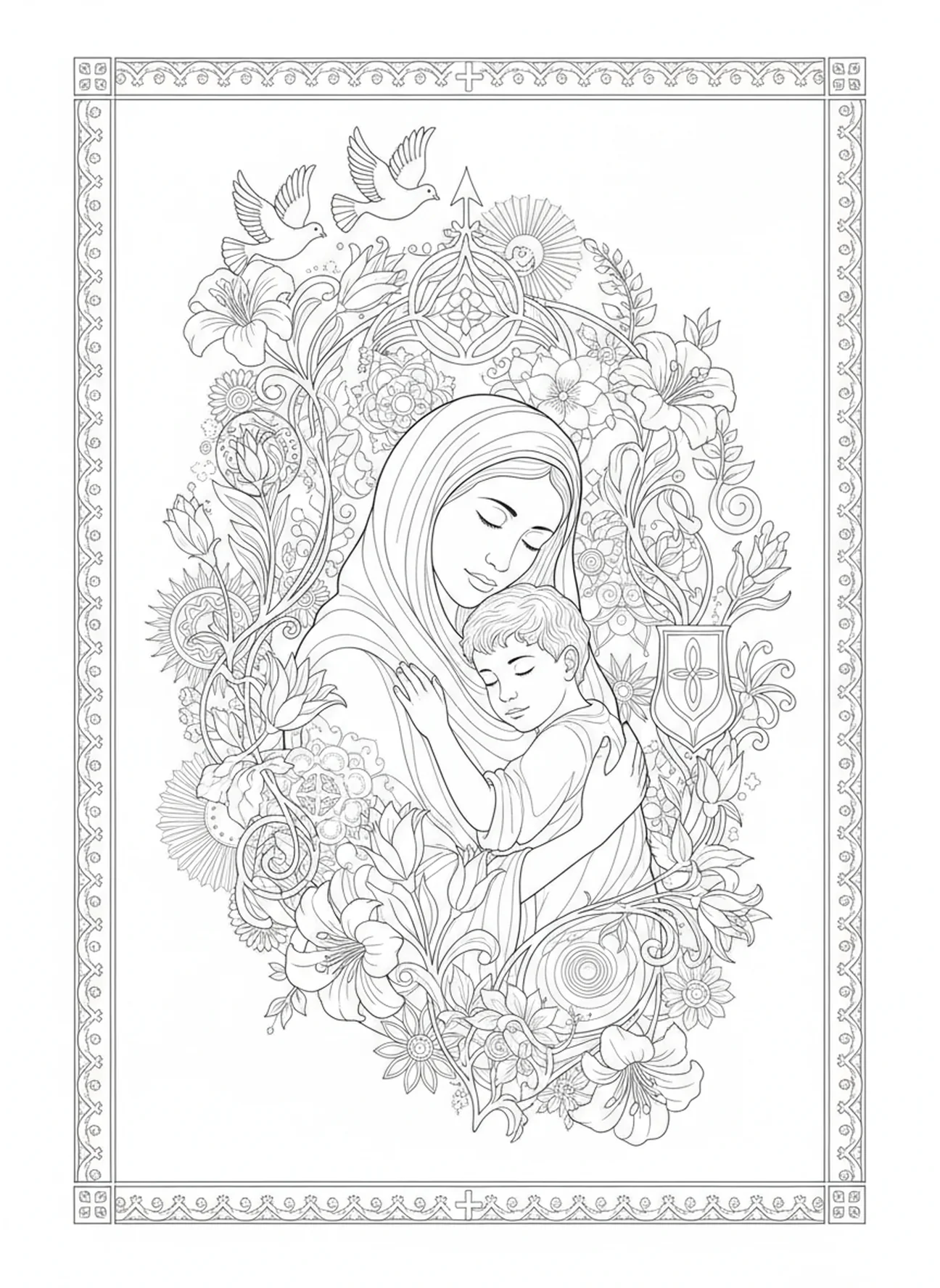 Hagar umarmt Ismael, Ausmalbild von Hagar und Ismael für Erwachsene im Stil des Bibeljournaling.