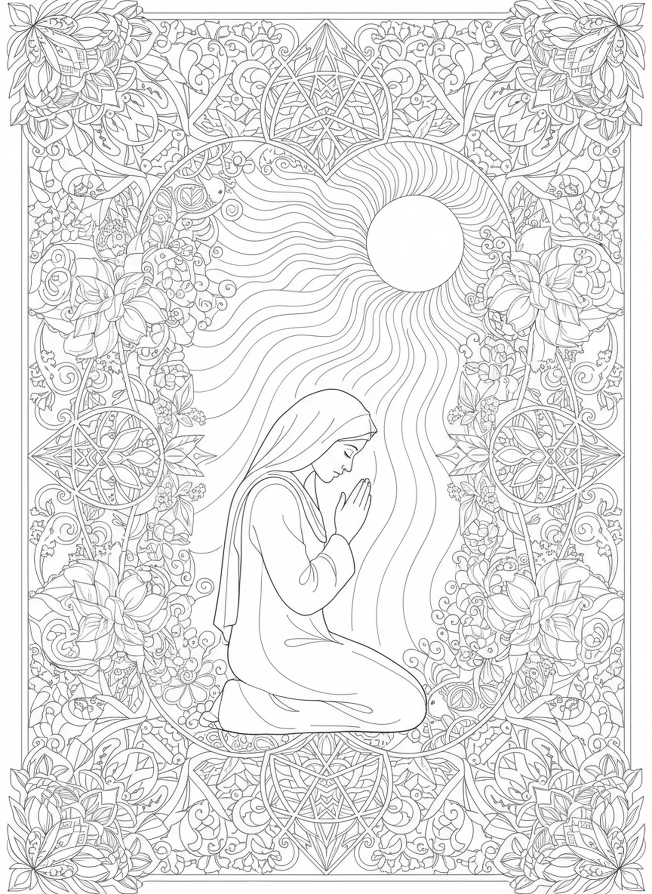 Hagar im Gebet, die Verheißungen empfängt, Hagar Ismael Ausmalbild für Erwachsene im Bibel-Journaling-Stil.