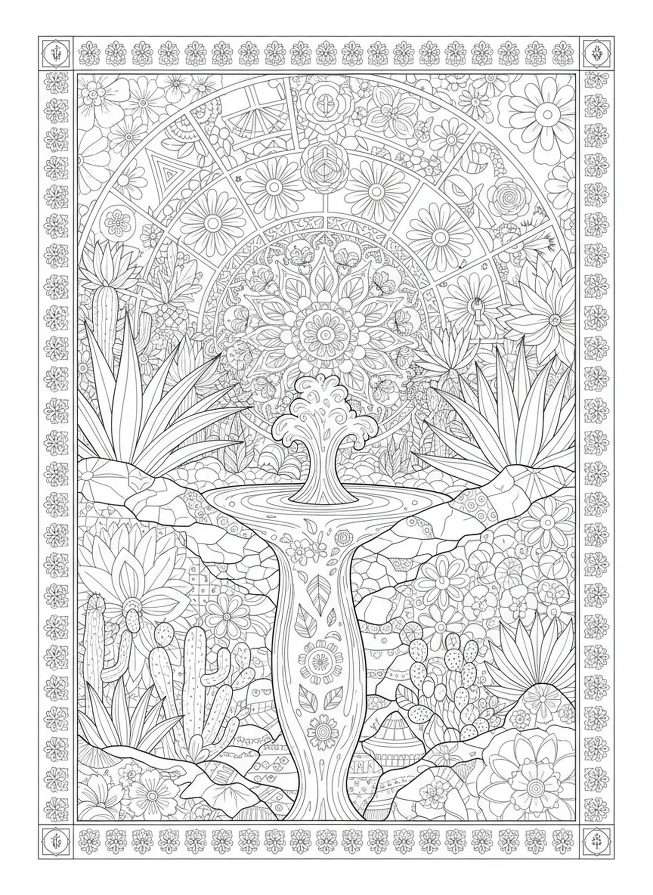 Wundersame Wasserquelle, Hagar und Ismael Ausmalbild für Erwachsene im Bibeljournal-Stil.