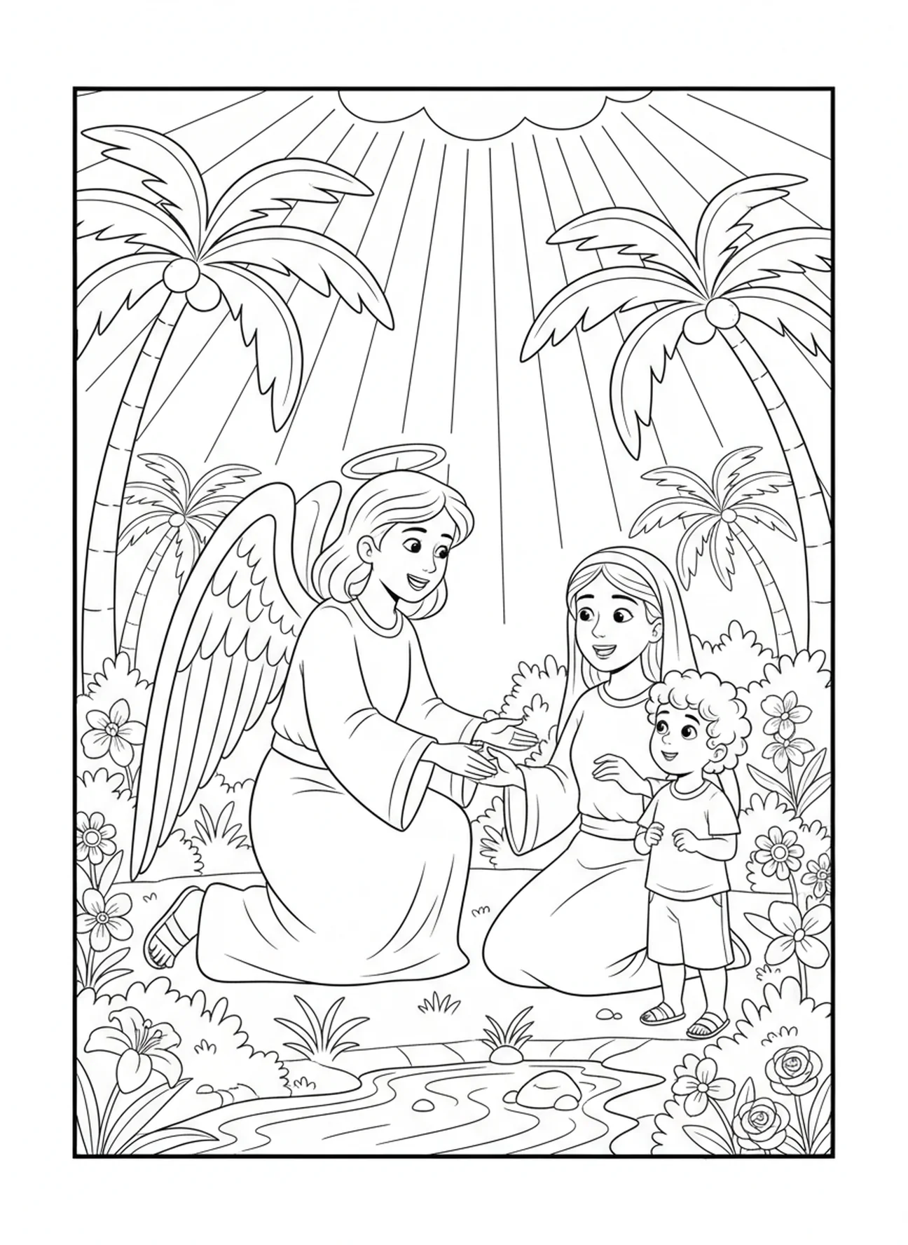 L'ange visitant Agar, page à colorier Agar et Ismaël pour les enfants de 5 à 10 ans.