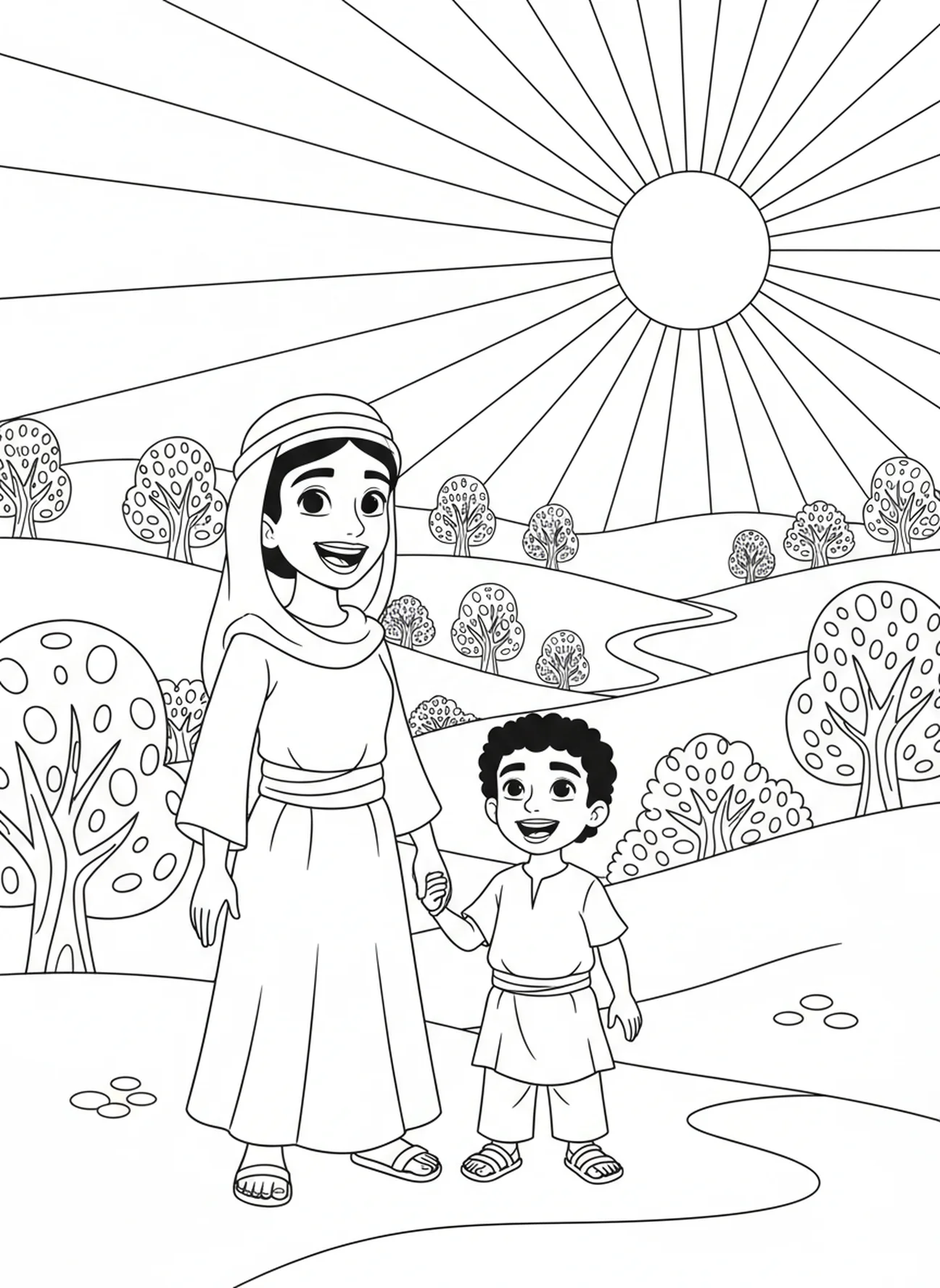 Hagar et Ismaël admirant le paysage, page à colorier Hagar Ismaël pour les enfants de 5 à 10 ans.