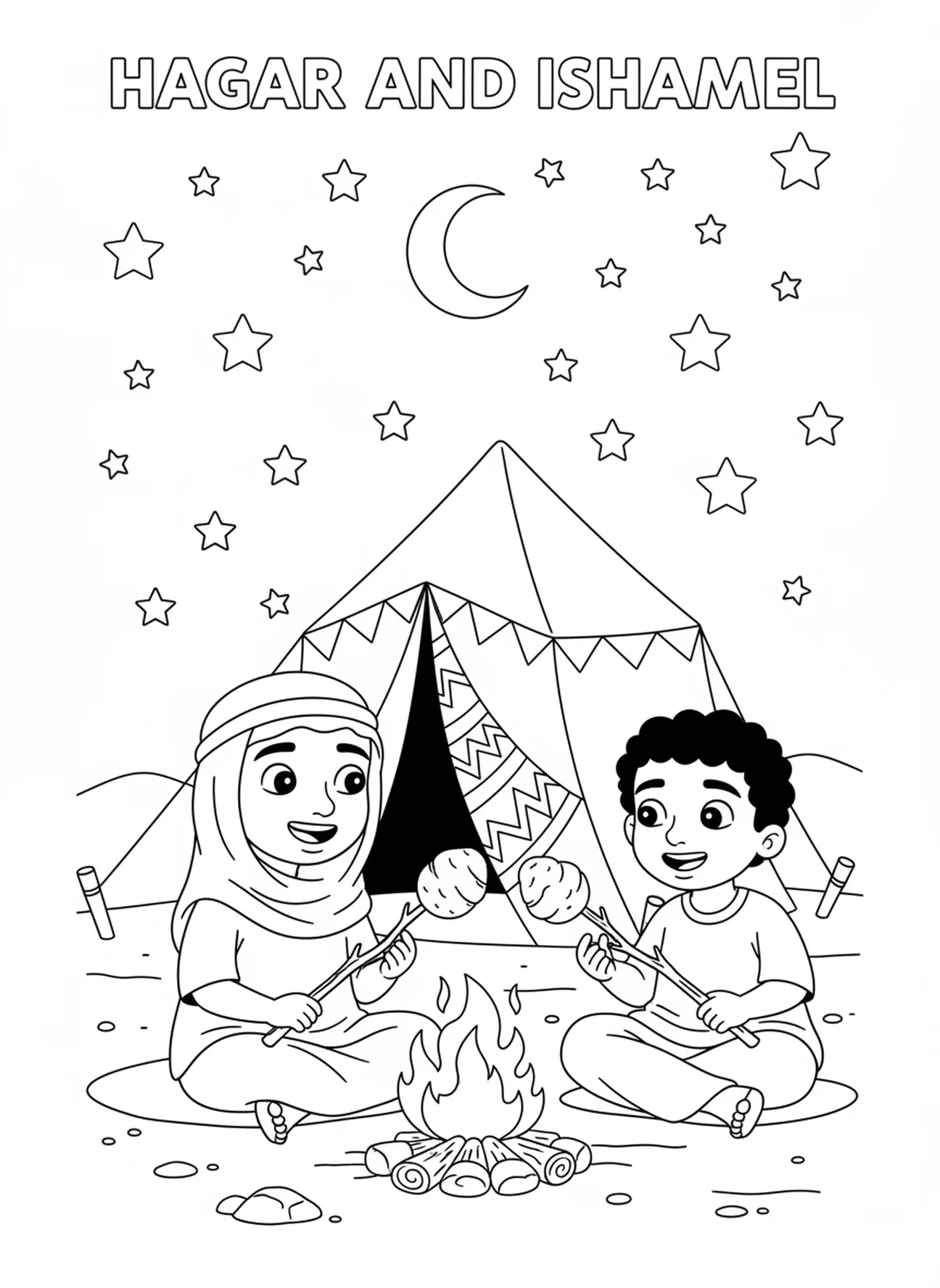 Hagar et Ismaël campent près d'un feu, page à colorier Hagar Ismaël pour les enfants de 5 à 10 ans.