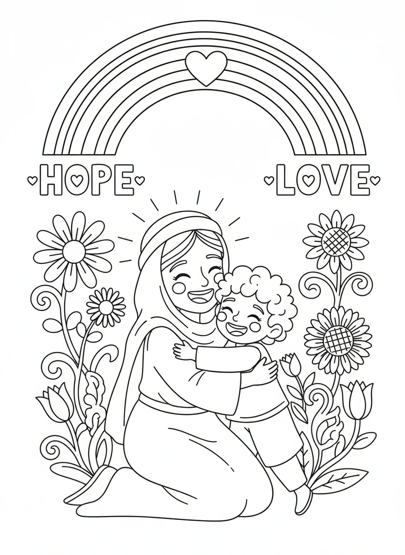 Réunion joyeuse d'Hagar et d'Ismaël, page à colorier Hagar Ismaël pour enfants de 5 à 10 ans.