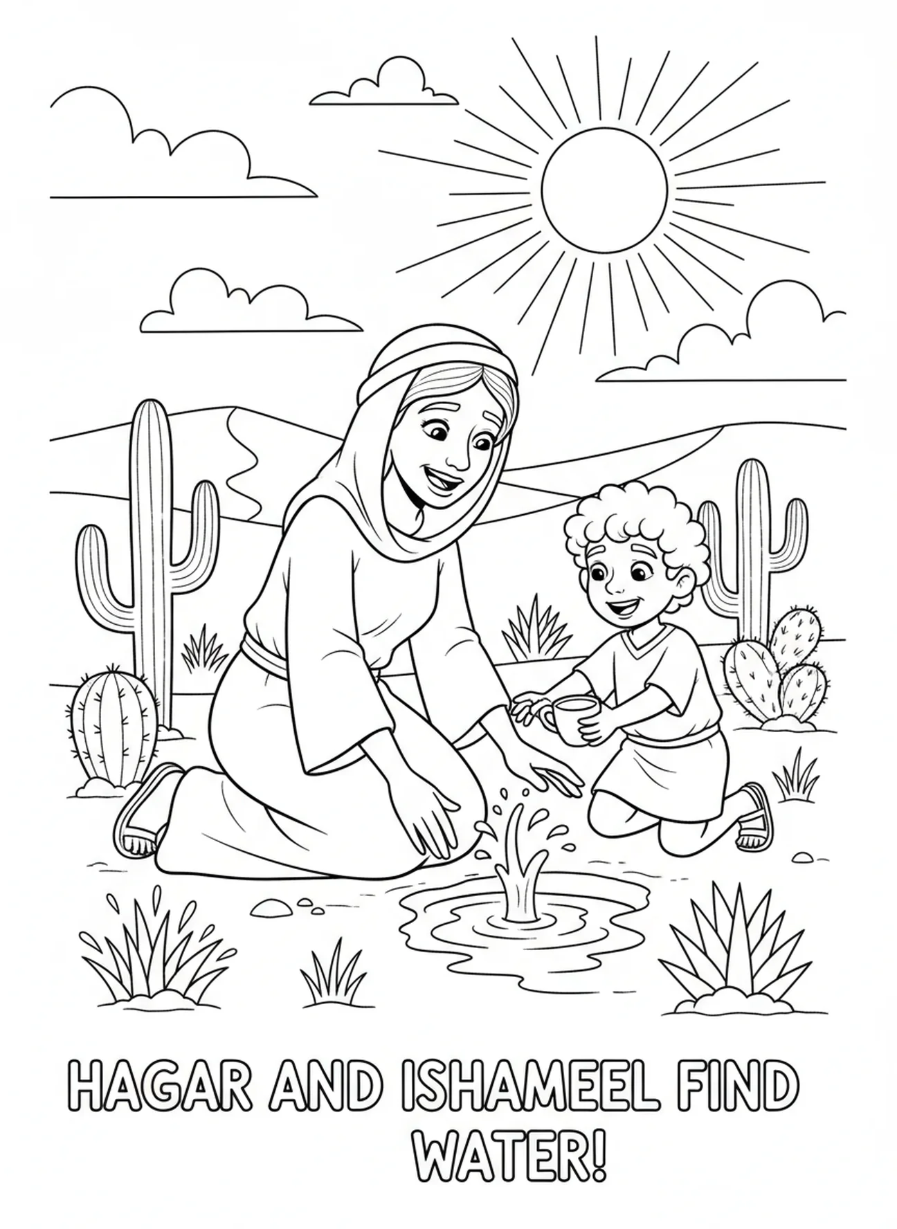 Hagar trouvant de l'eau pour Ismaël, page à colorier Hagar Ismaël pour les enfants de 5 à 10 ans.