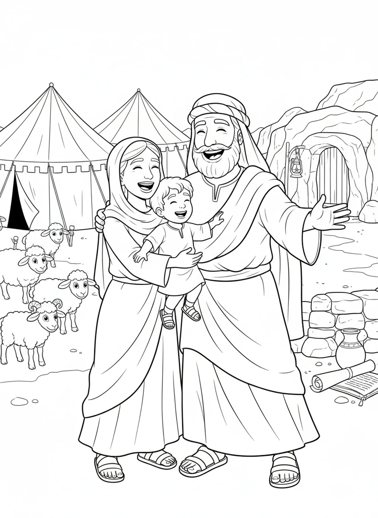 Abraham étreignant Agar et Ismaël, page à colorier Agar Ismaël pour les enfants de l'École du dimanche âgés de 5 à 12 ans.