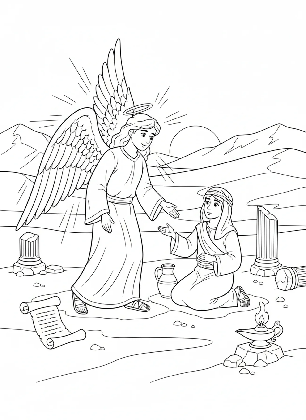 Un ange réconforte Agar dans le désert, page à colorier Agar Ismaël pour les enfants de l'École du dimanche âgés de 5 à 12 ans.