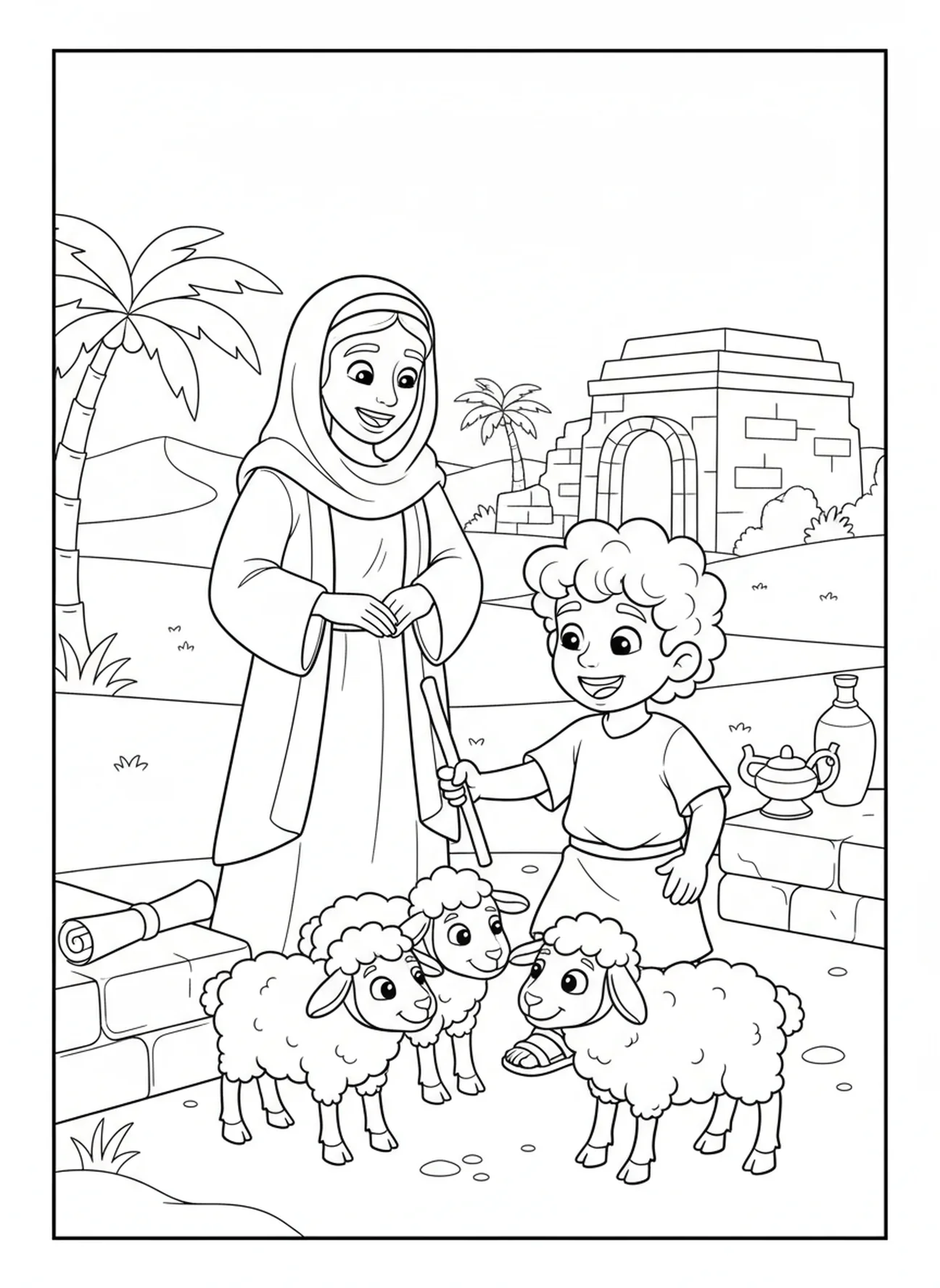 Ismaël jouant avec des moutons, page à colorier Hagar Ismaël pour les enfants de l'École du dimanche âgés de 5 à 12 ans.