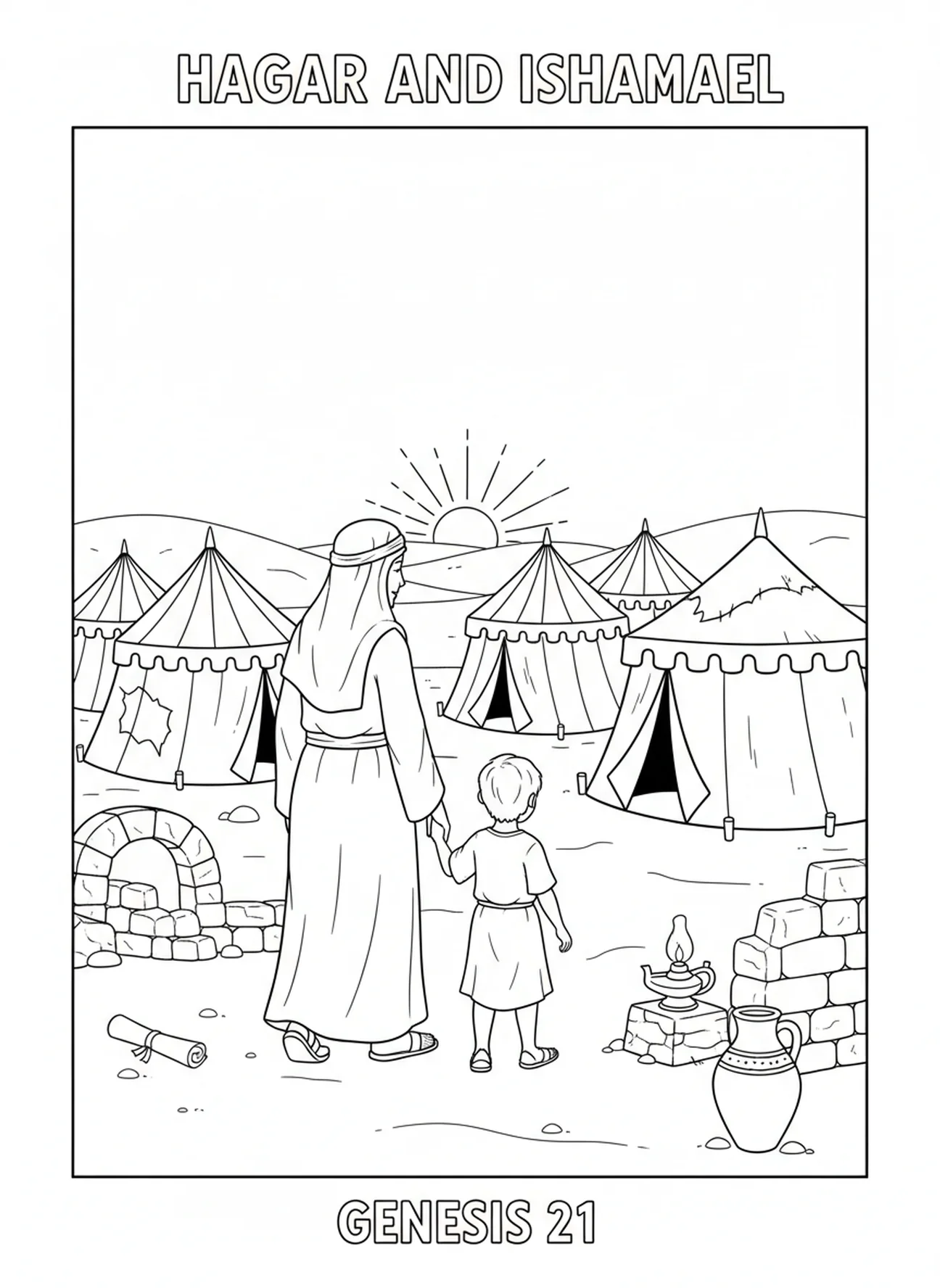 Hagar et Ismaël marchant vers Abraham, page à colorier Hagar Ismaël pour les enfants de l'École du dimanche âgés de 5 à 12 ans.