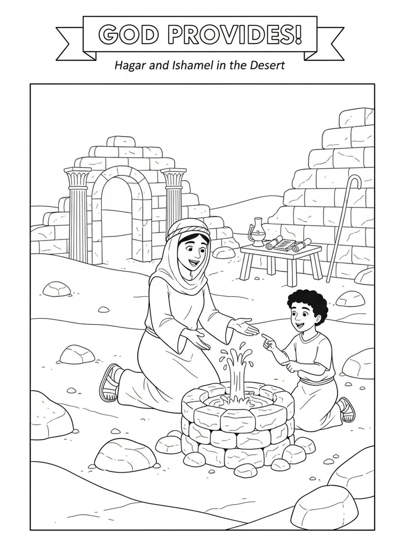 Hagar découvrant un puits dans le désert, page à colorier Hagar Ismaël pour les enfants de l'École du dimanche âgés de 5 à 12 ans.