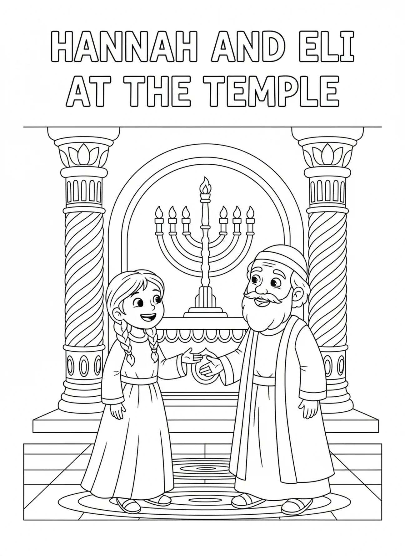 Hannah y Eli conversando en el templo, página para colorear de la oración de Hannah para niños de 5 a 10 años.
