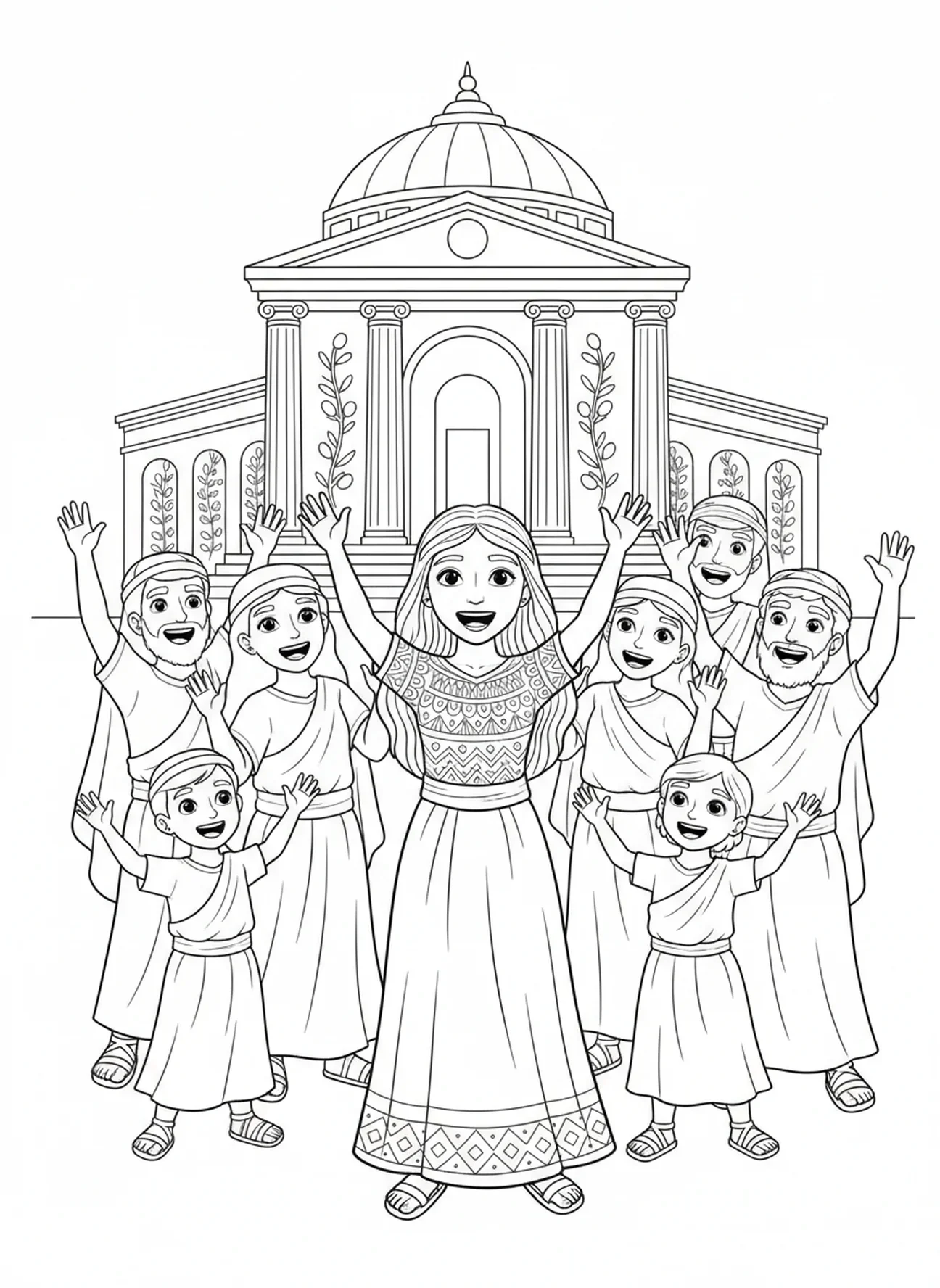 Ana con adoradores alegres en el templo, página para colorear de la oración de Ana para niños de 5 a 10 años.